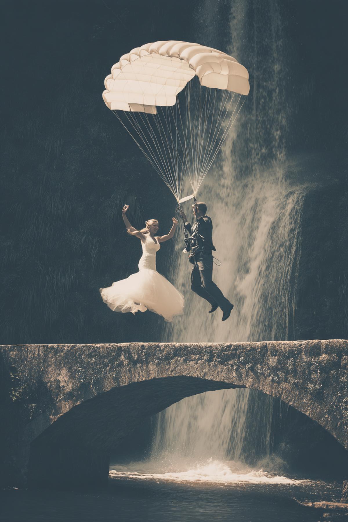 The bride and groom jump with a parachute over the waterfall, bridge, romance, surrealism