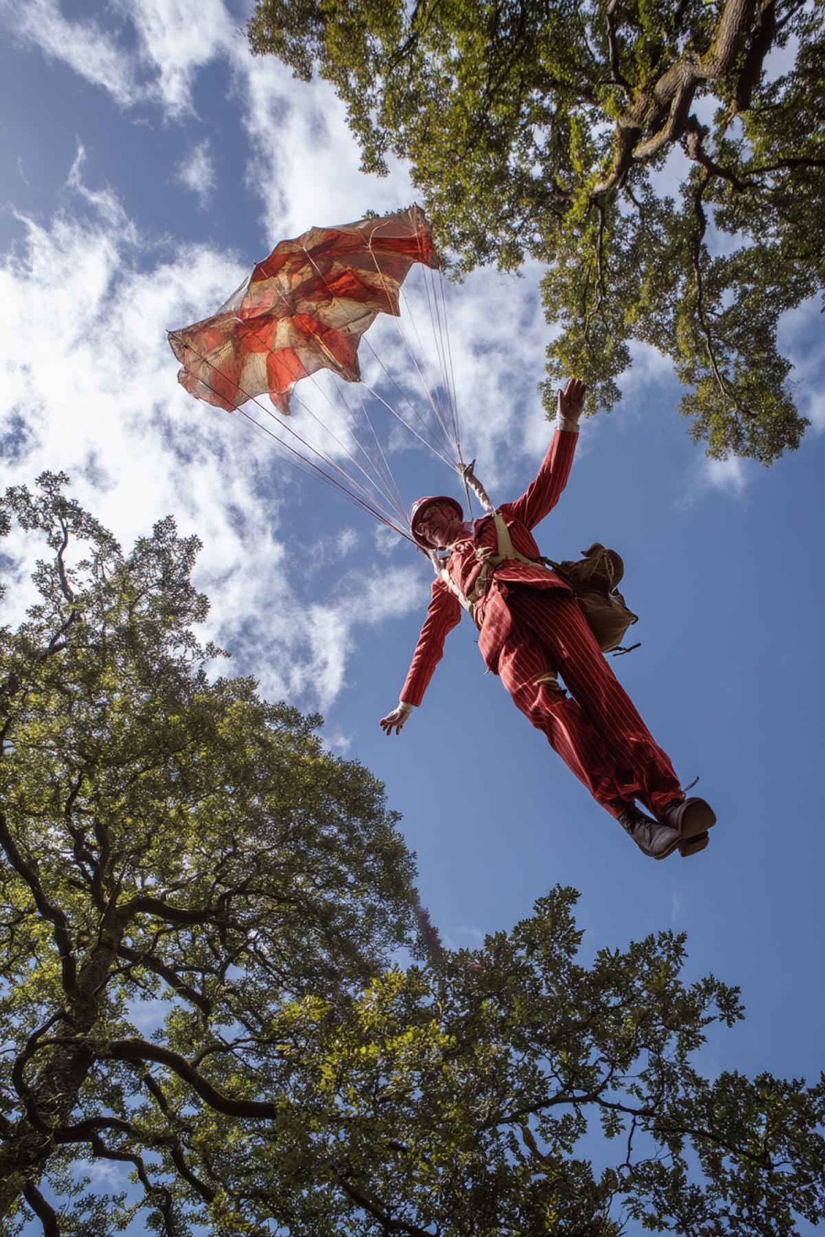 Peppy Long Stocking jumps from an oak on a homemade parachute, from above