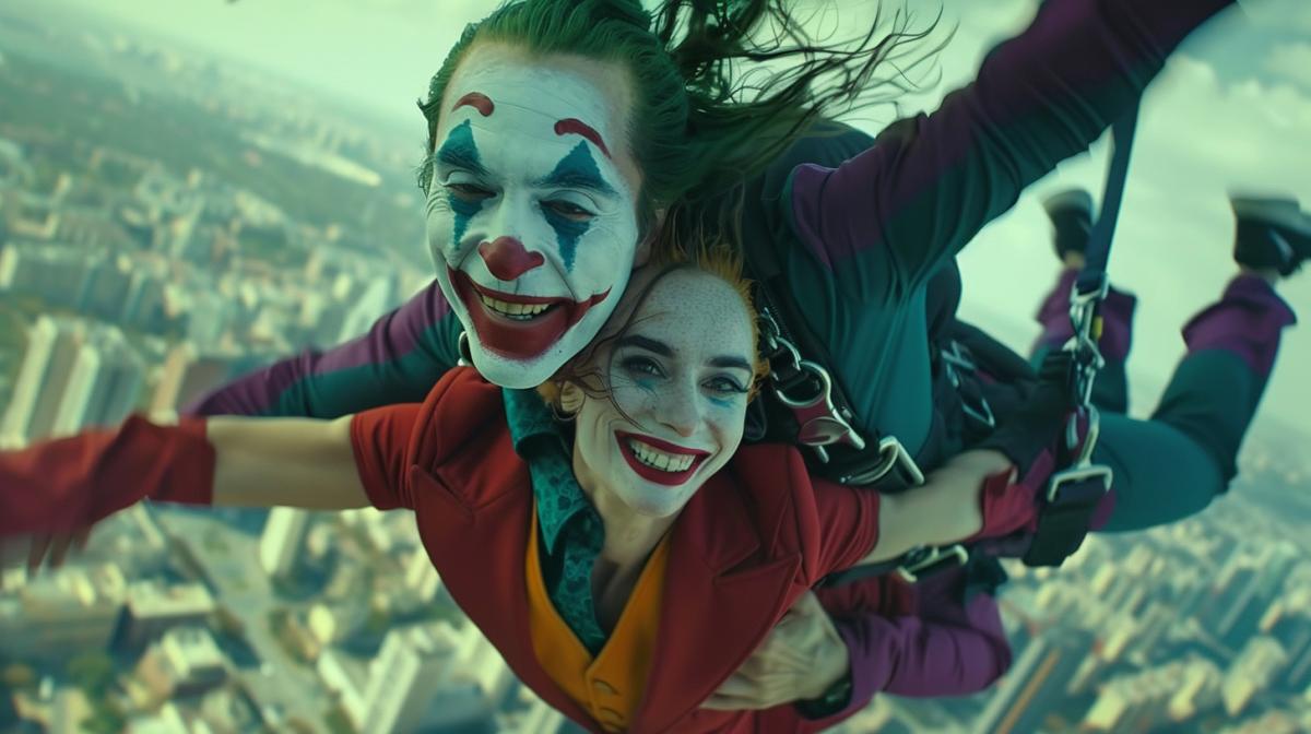 Joker and Harley Queen tandem skydive from the Marvell universe, dynamic still from the film, high quality, smiles and an atmosphere of romance