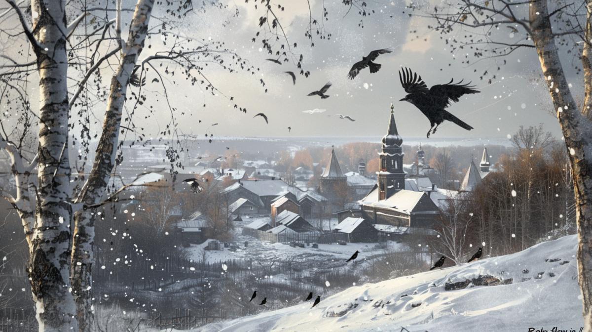 The arrival of rooks against the background of the Russian village interpretation of the painting \"Rooks flew in\" by Russian artist Alexei Savrasov, a view from a hill on which birches without leaves, on which rooks sat, under a hill in a lowland village, a church, thaws in the snow, a landscape photo of high quality