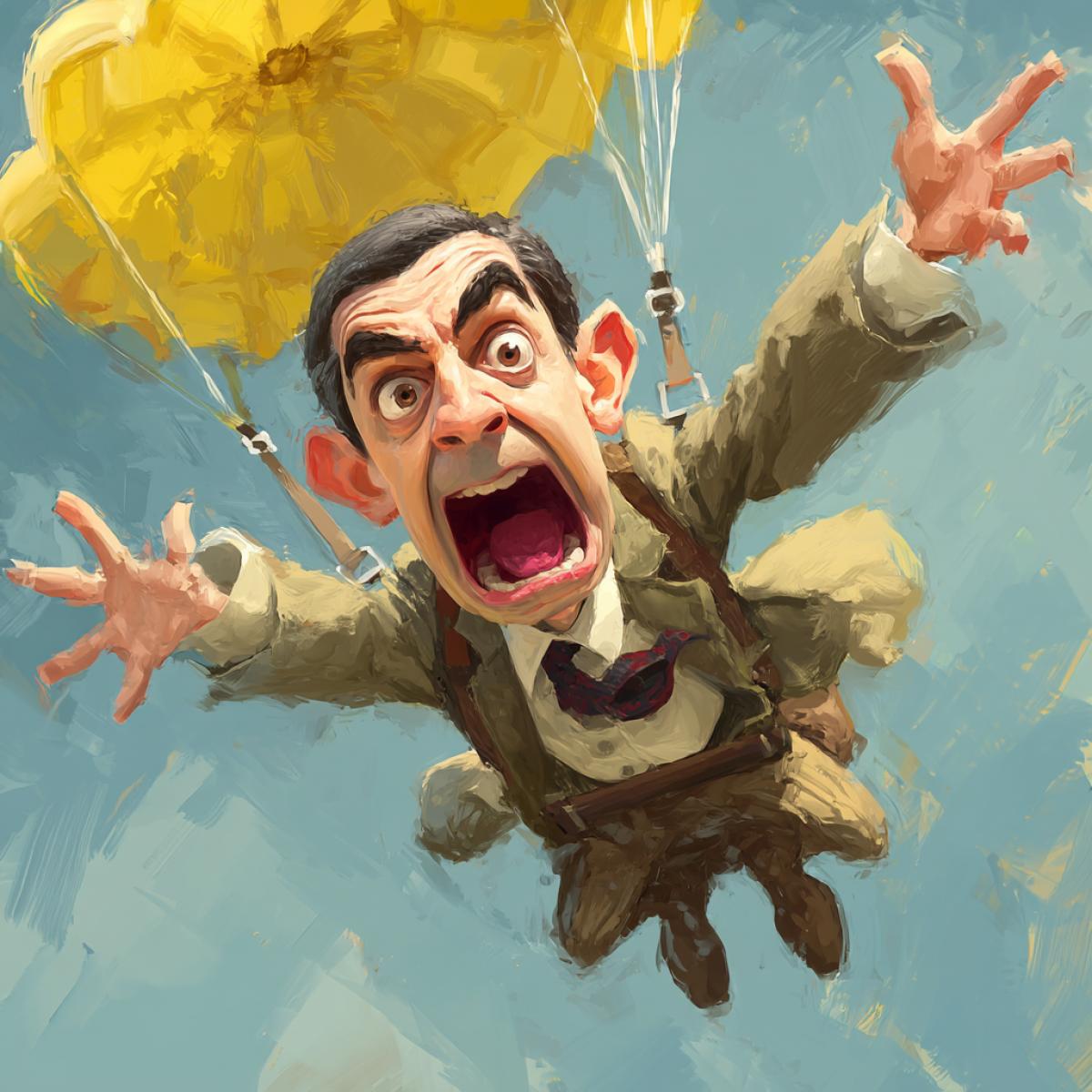 Mr. Bean jumped with a funny and frightened face with a parachute.