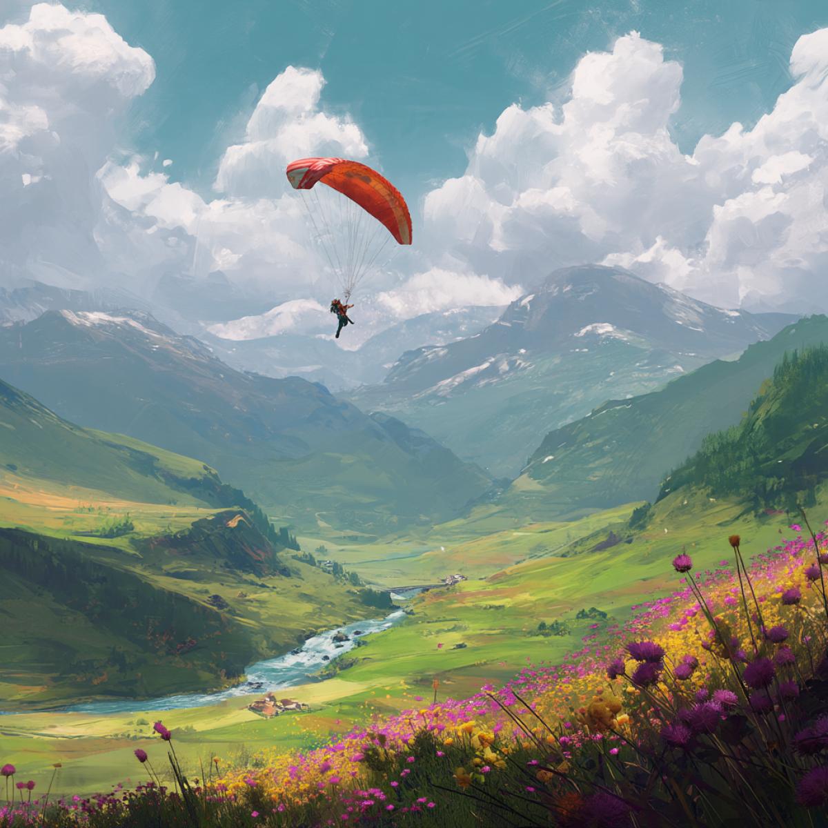 The girl in parachute flies over the Alpine Mountains. Below you can see beautiful flower, green fields and a mountain river