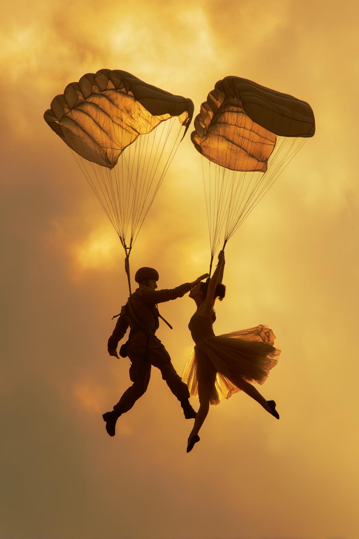 Two paratroopers a man and a woman in outfits, as if for ballet, dance in the air against the backdrop of gold clouds of sunset. Their bodies in synchronous motion, as if soaring in a waltz. One holds the other by the hand, the legs are extended, and the parachutes are open asymmetrically, like theatrical curtains. Emotional, kinematographic scene, like a stop frame from a fantastic film