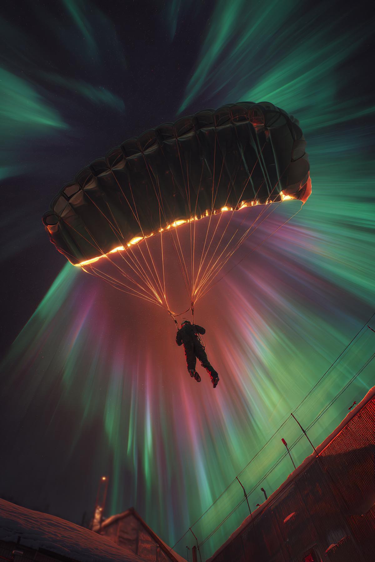 Highrise shooting: at the time of opening the dome, the paratrooper flies through the bewitching northern lights. The polar night, the sky plays green and purple waves of light. The parachute is , with a shining border, creates a feeling of flight in a different world. Camera at an angle from the bottom up, hyperrealism, maximum detail, dramatic light,