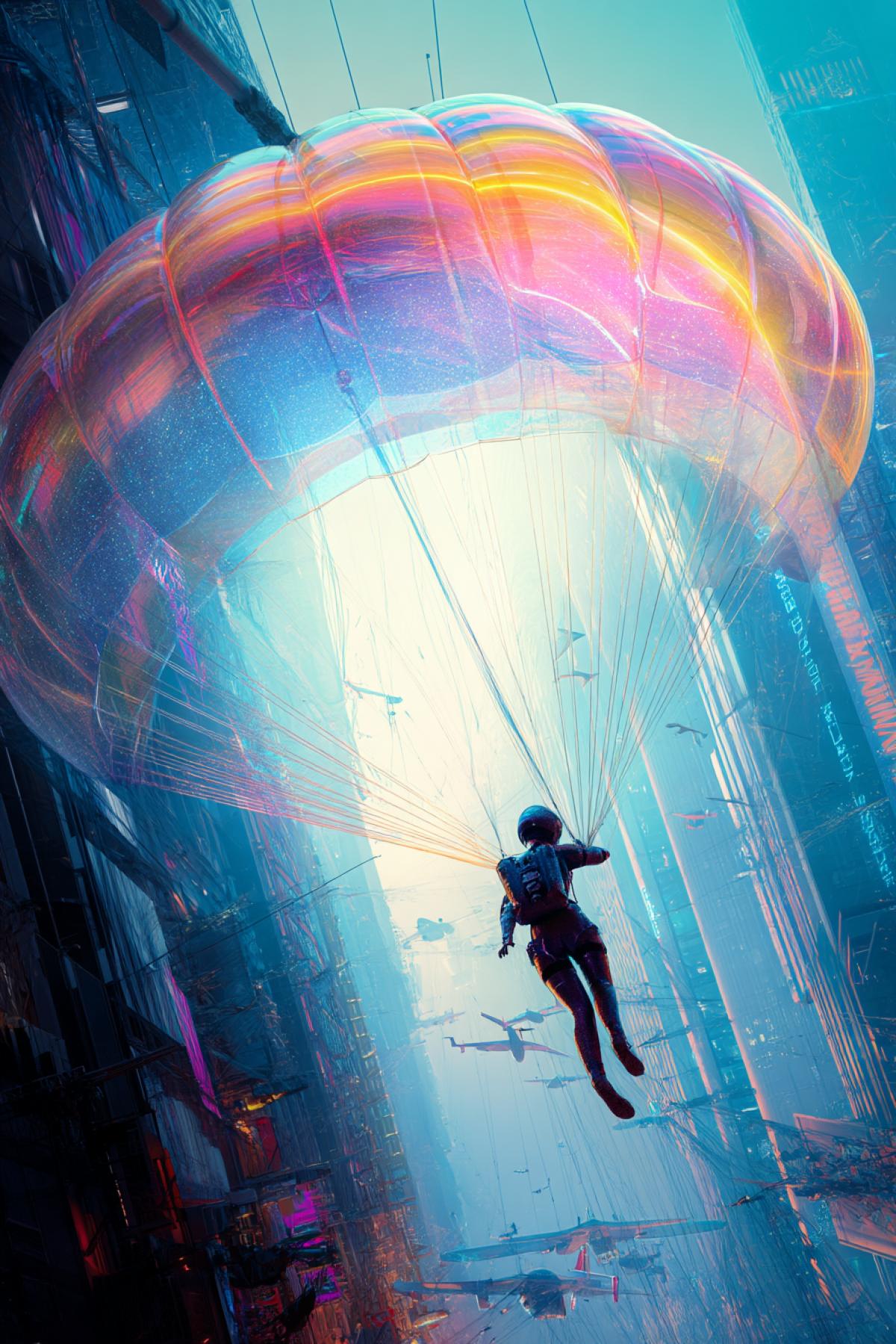 Strong cyberpunk-style. A girl in a neon costume with a holographic parachute soars over a big megalopolis of the future. Below luminous tracks, aircraft, glass towers. The parachute dome shimmers with all colors. The camera is right in front of her. The reflection of the city in the lenses of its helmet. Details: 8K, hyperrealism