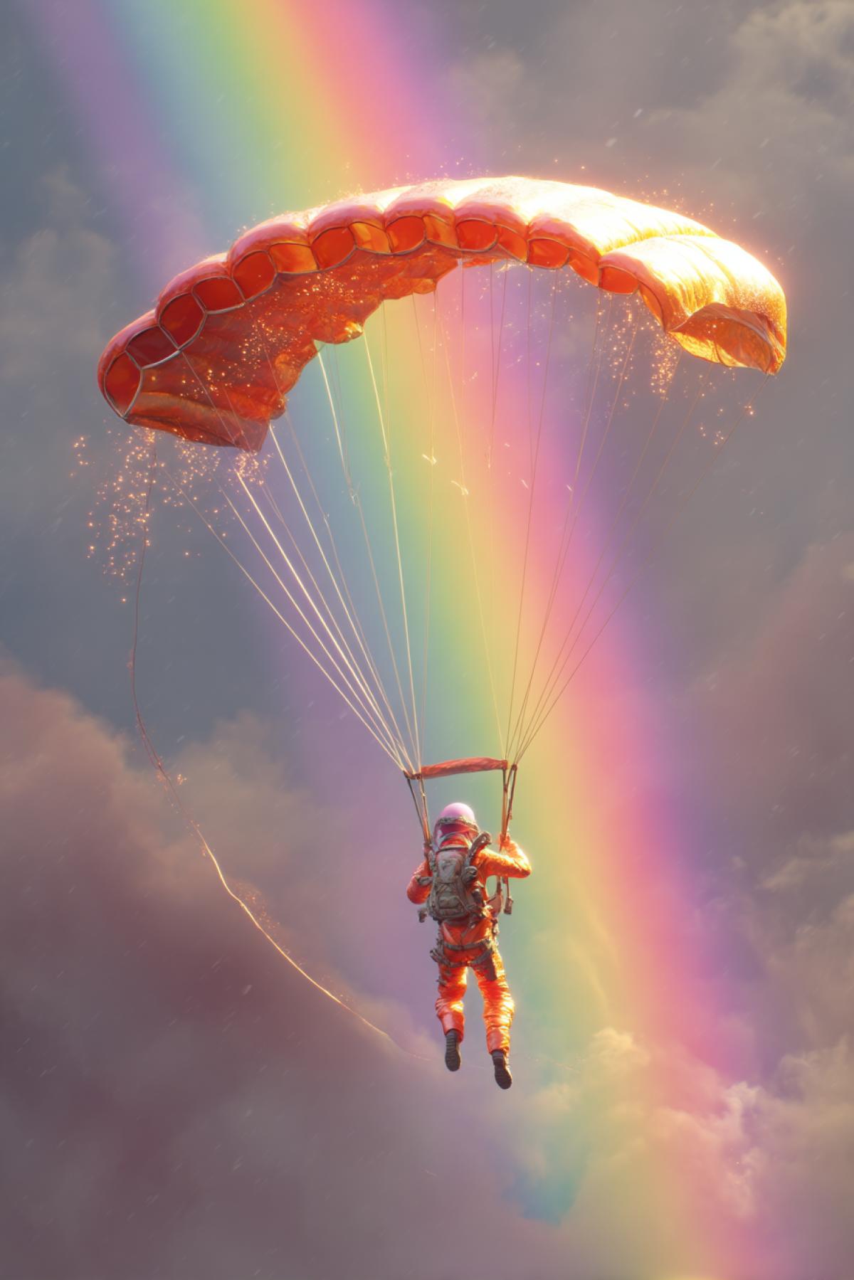 A paratrooper girl in a bright manually painted suit flies through a big arc of a rainbow. Around clouds, sparks of light walking along the rainbow. The parachute dome is also decorated with a rainbow. The camera in the back and a little on top, a long trace from its movement is like in Slow Motion. Magic realism, high color saturation