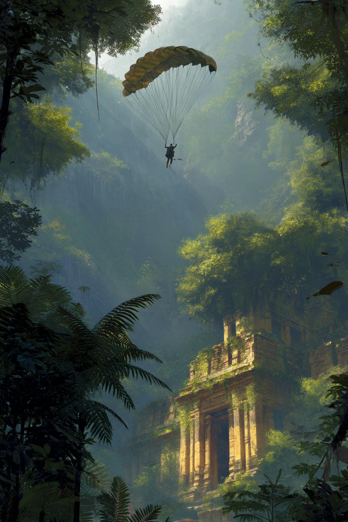 A man in parachute equipment soars over the morning jungle, below an ancient abandoned temple covered with vines. Golden dawn breaks from the clouds. His parachute is like a big pen of a tropical bird. Frame in the spirit of an adventure film, high detailing of leaves and stone