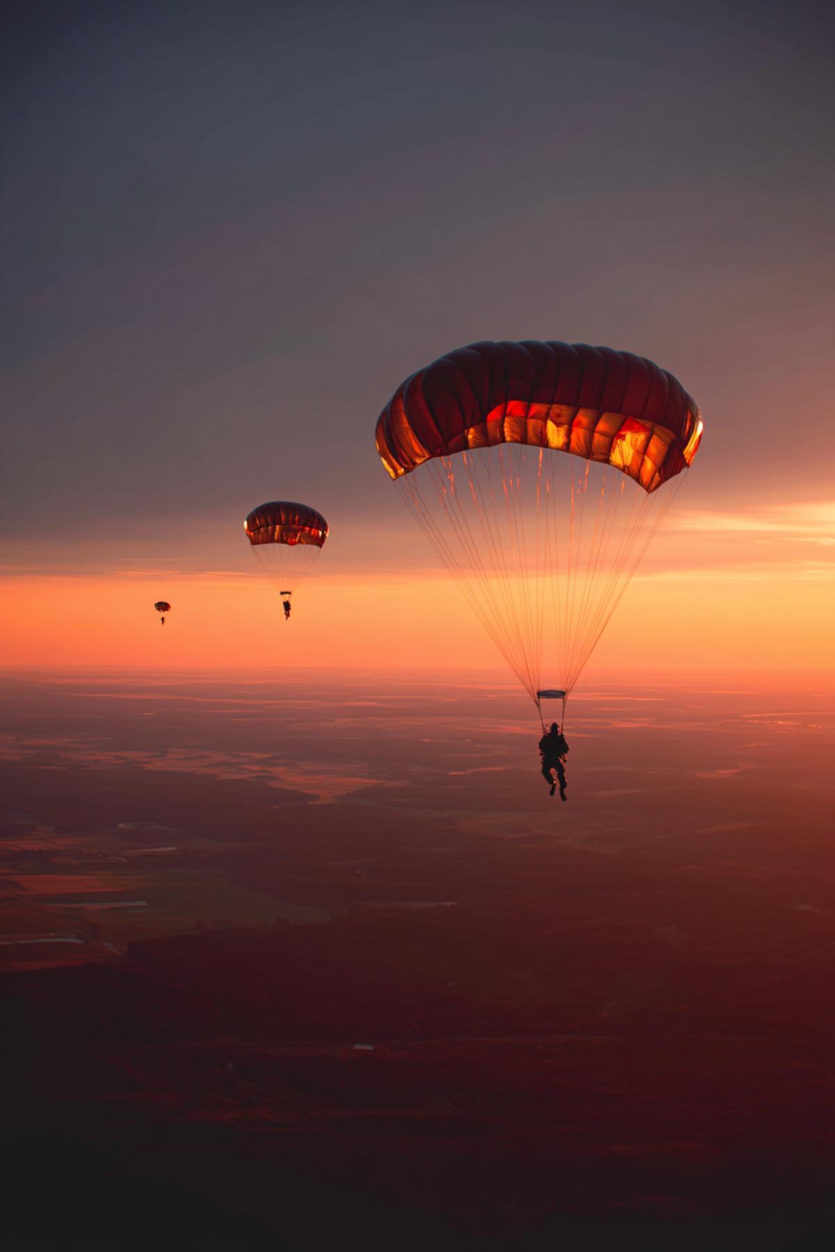 A group of paratroopers jumps from a height over the line separating day and night: one part of the sky is flooded with the light of sunset, the other is already dark, starry. One of the paratroopers is closer to the camera, against the background of a bright border. Parachutes sparkle with contrasting flowers, creating the effect of the separation of worlds. Epic atmosphere
