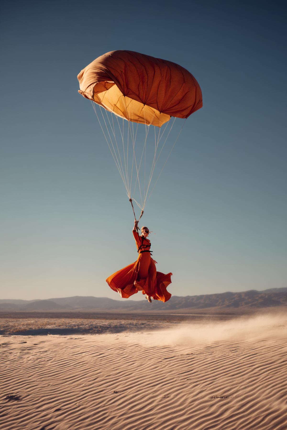A woman in a bright outfit jumps over a redhot desert, her parachute opens like a big poppy. Below are dunes similar to velvet. The wind lifts dust, the golden sun glitters. Frame-like a frame from fantasy films, a light raid of surrealism