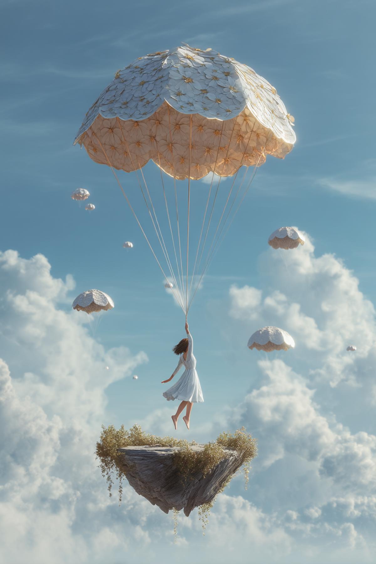The girl in a light dress, similar to a cloud, jumps from the edge of a soaring island lost in the sky. Around it slowly floating air whales, their bodies shine with mother of pearl. Its parachute from the petals, is revealed gently, like a flower. Under it is an endless sky, and below is not a sea, but a mirror forest reflecting the sky. The feeling of flight in infinity. Epic com4k, soft light, cinematic style.