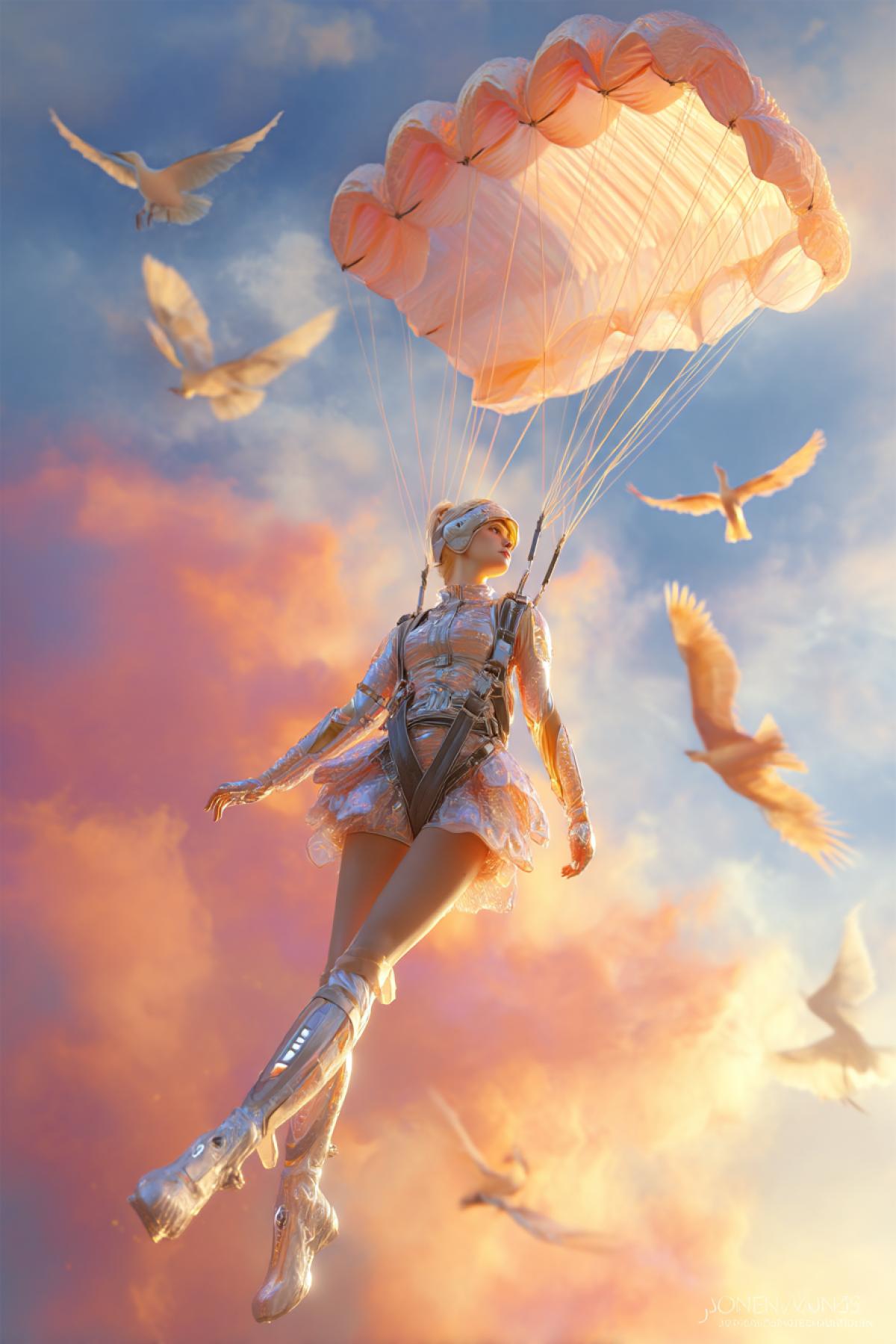 A young woman in a sparkling costume of the future makes a parachute jump over the cloud ocean overflowing in sunset colors. Its parachute is made of luminous material similar to the wings of the angel, and flickers like the northern lights. Around her in the air is a flock of big birds with feathers from the world. Everything is depicted in a photorealistic style, maximum detail, atmospheric lighting, cinematic com4k, angle of shooting a closeup with a light tilt from the bottom up, the effect of \"soaring\", the depth of sharpness. The colors are soft but saturated. 8k, masterpiece, best quality