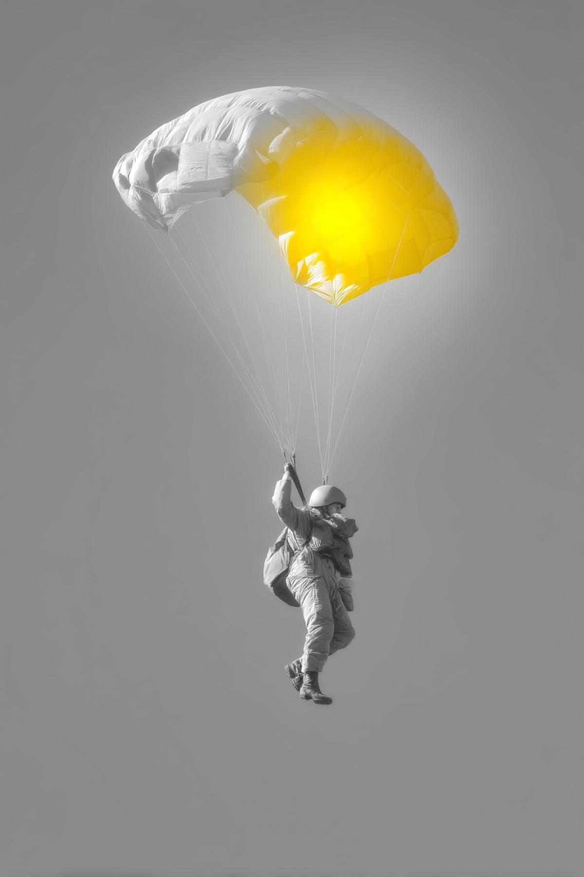 A dark-and-white picture made in high fashion style and art photography: a paratrooper in a retro-communinian of the 40s, depended in the sky at the time of the disclosure of the dome. The whole image in a mild granular monochrome, except for a parachute dome, is a saturated sun-yellow color, shining against the background of a lead sky. The light is , lateral, from the setting sun, emphasizing the texture of the fabric and folds of the shape. Easy tilt-shift effect, emphasis on sharpness and hands, dramatic depth of sharpness. The aesthetics of the photo resembles shots from the military chronicle, but with a fashionable accent. Gallery quality. B/b with yellow accent, 8k.