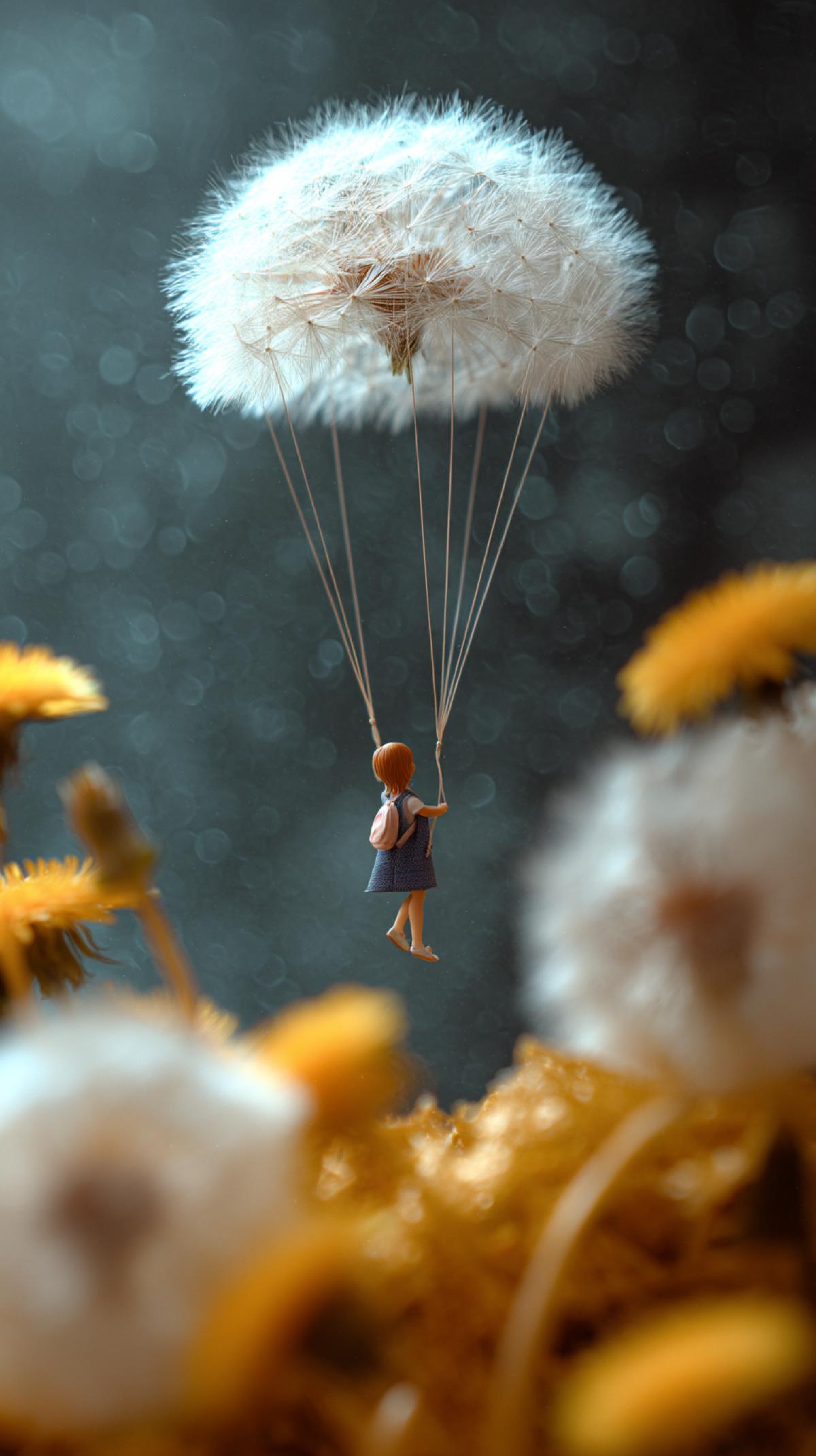 Tanaka Tatsuya, miniature photo, story shot, close-up of a cute little girl descending on a dandelion like a parachute, the parachute looks like a dandelion. creative photo poster, miniature photography art, beautiful lighting, accent lighting, global surrealist lighting, diagonal com4k, fabulous texture, advanced photography style, warm tones, nature, surrealist style, high quality, Fujifilm raw style