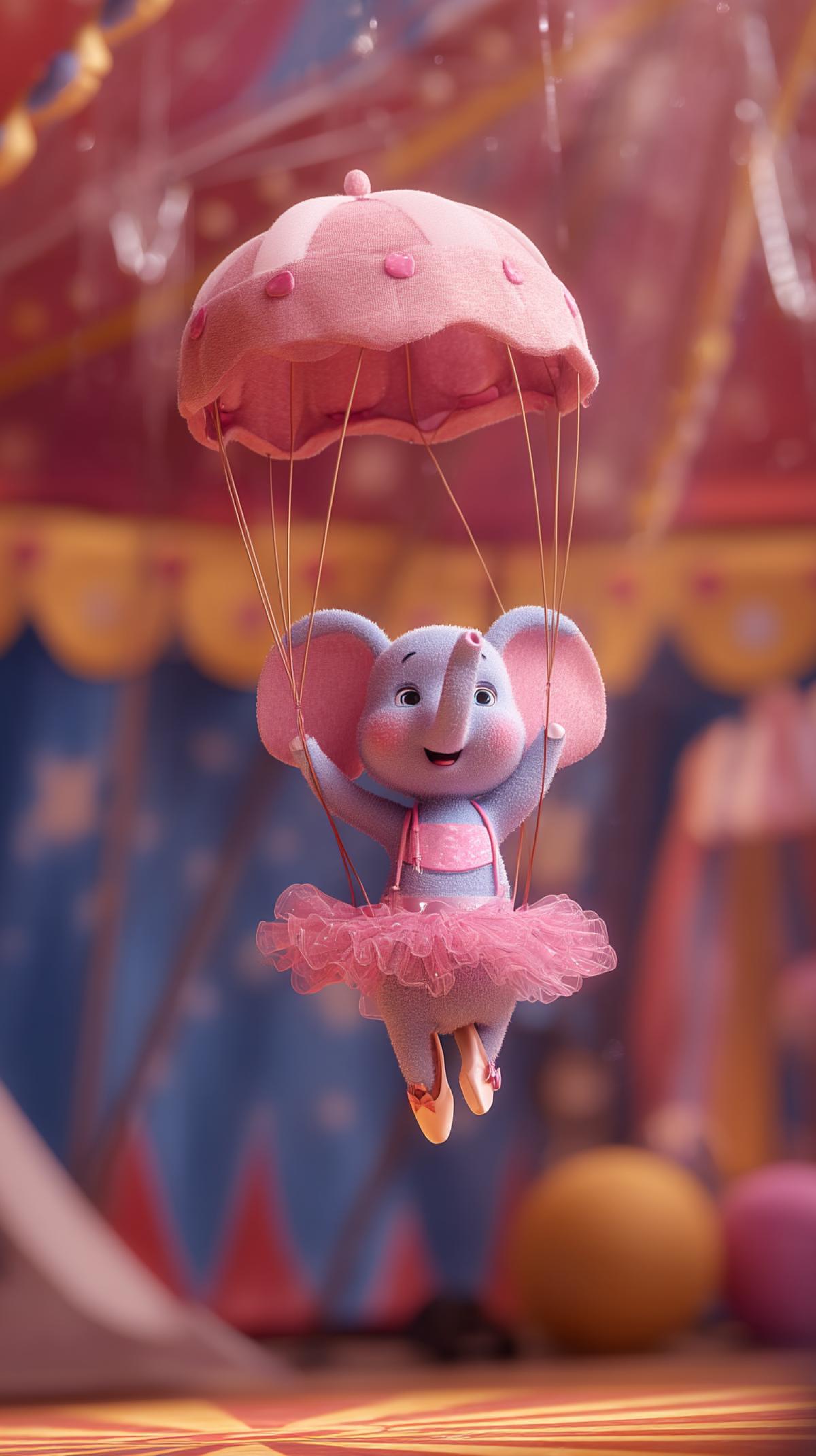 plasticine frame from cartoon, elephant in pink ballerina skirt and pointe shoes parachuting under the dome of the circus, Pixar Disney 3d rendering