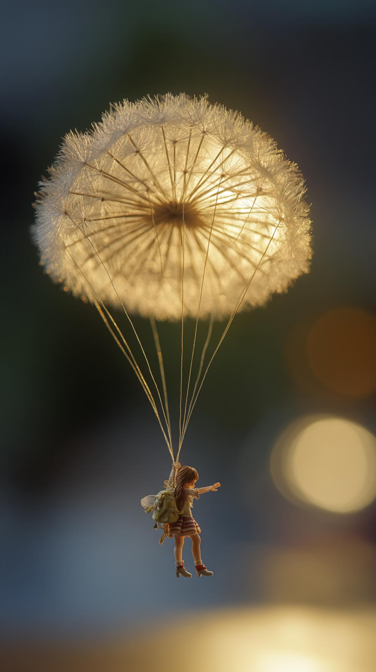 Tanaka Tatsuya, miniature photo, story shot, close-up of a cute little girl descending on a dandelion like a parachute, the parachute looks like a dandelion. creative photo poster, miniature photography art, beautiful lighting, accent lighting, global surrealist lighting, diagonal com4k, fabulous texture, advanced photography style, warm tones, nature, surrealist style, high quality, Fujifilm raw style