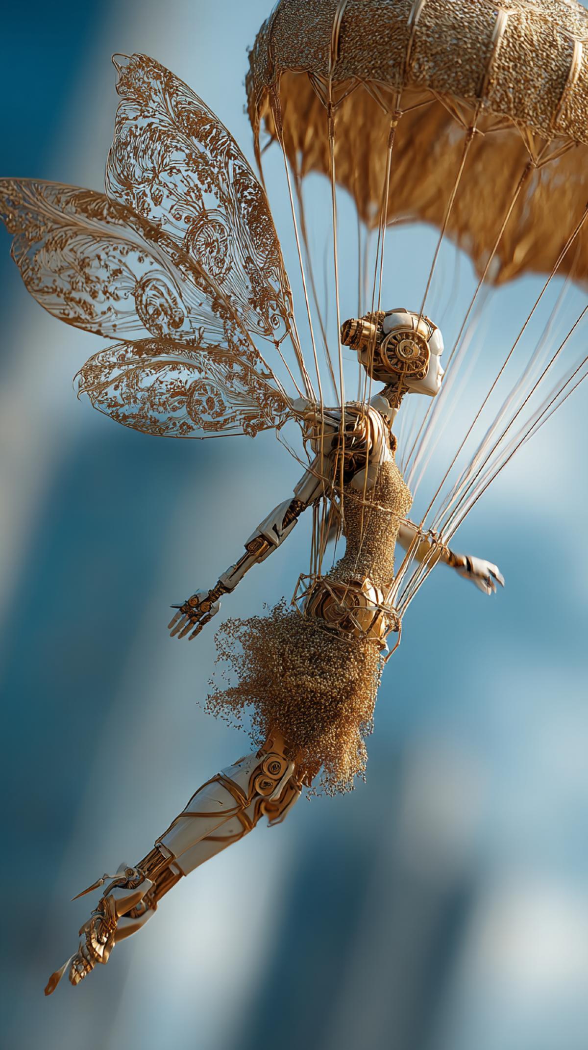 robot woman, on a parachute, with golden filigree, delicate lace pattern, intricate details, metal feathers, with exquisite details, against the background of the city of the future, chauboy-style shot, biomimicry, metal particles, surreal, conciseness, classic, details, cinematic quality, minimalism raw style