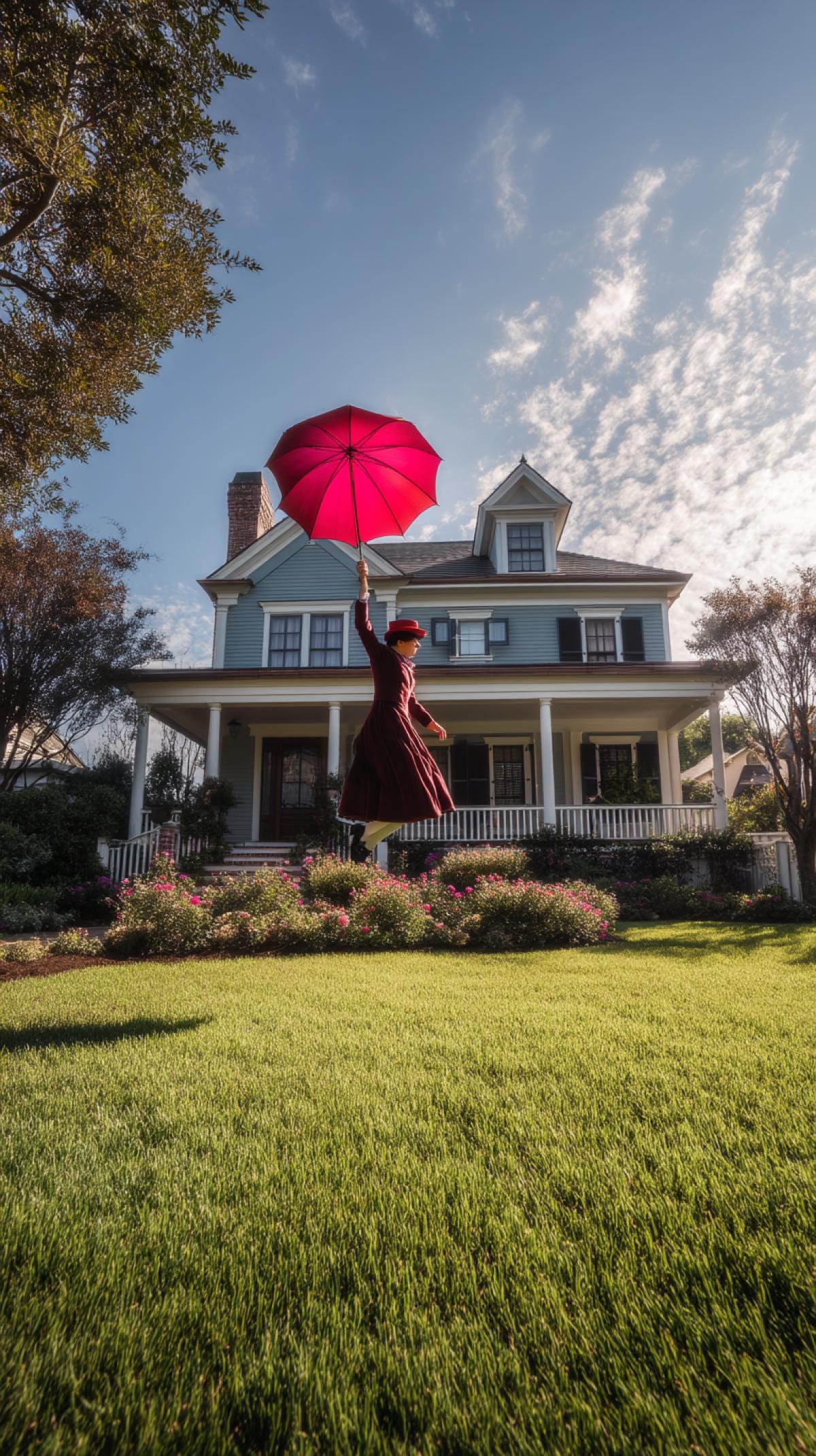Merry Poppins descends on an umbrella onto the lawn in front of the house, HD shooting style, wide-angle lens, symmetrical com4k, balanced brightness, natural lighting, static dynamics, amazing colors, breathtaking scene captured on a Sony A7R video camera