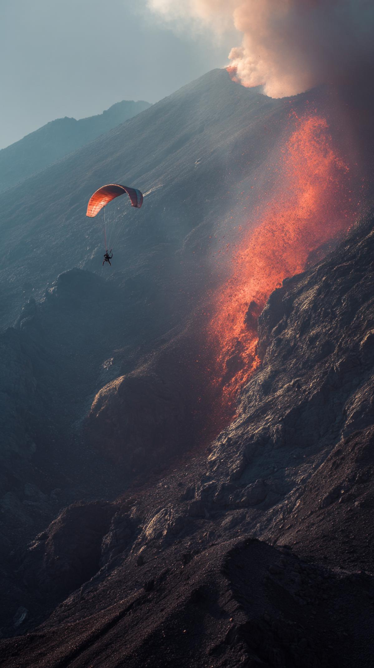 a parachutist on the background of an awakened volcano, magma flows out, pieces of stones fly in different directions, HD shooting style, wide-angle lens, symmetrical com4k, balanced brightness, natural lighting, static dynamics, amazing colors, an exciting scene captured on a Sony A7R video camera