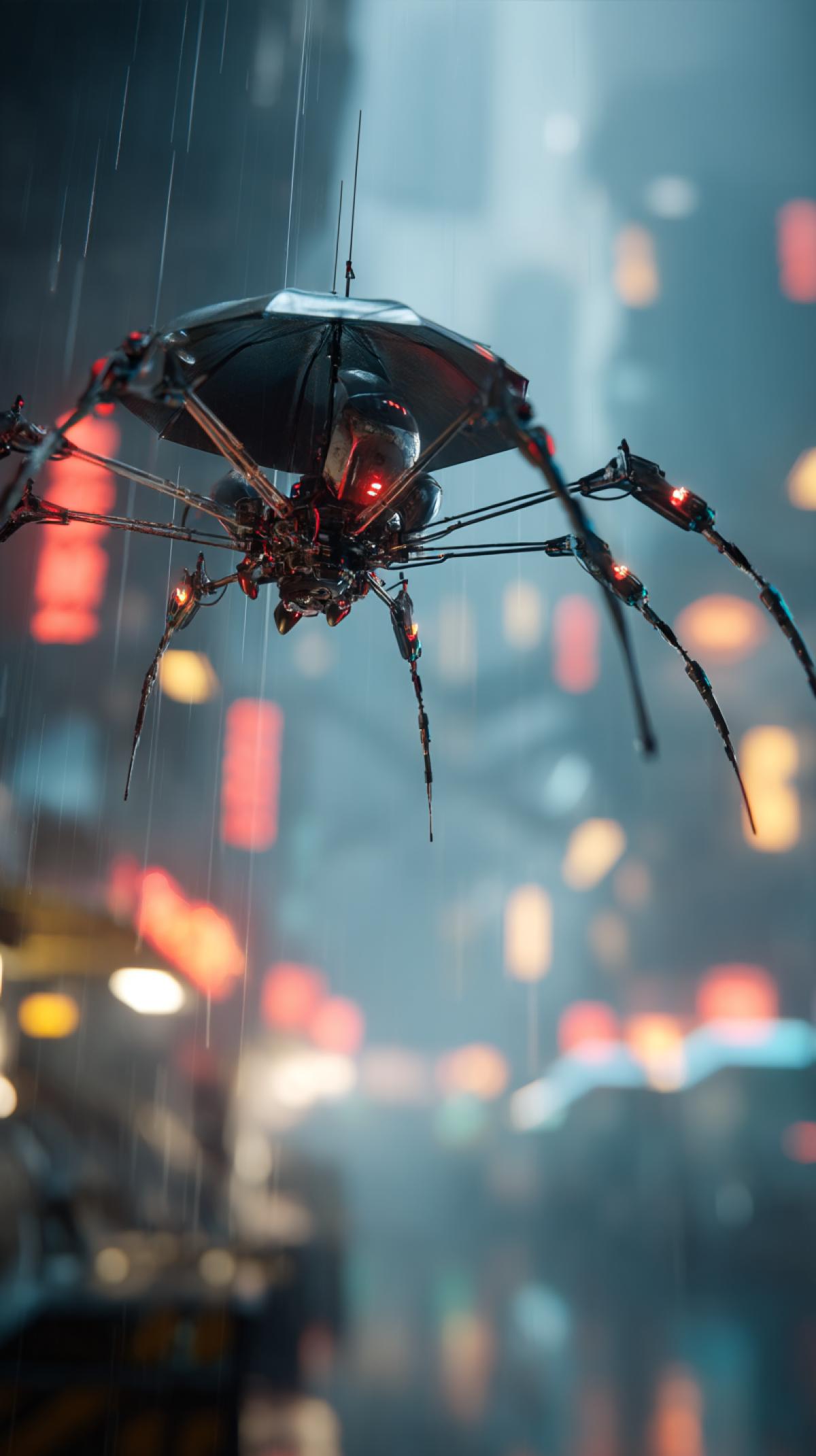 A robotic spider parachuting through a cyberpunk cityscape, rain, neon lights, detailed, cinematic lighting, octane render