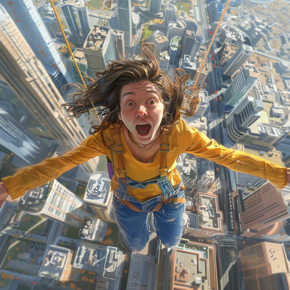 The firstperson view, the girl falls in parachute face forward, her eyes look in surprise, screams, pulls her hands to the camera, a bright overalls, above the city, digital art, oil paining