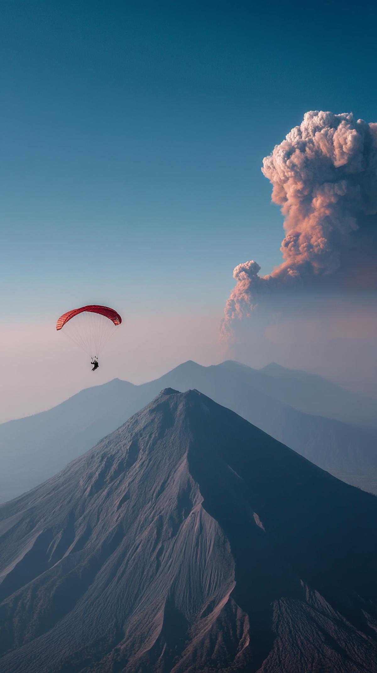 parachutist on the background of an awakened volcano, HD shooting style, wide-angle lens, symmetrical com4k, balanced brightness, natural lighting, static dynamics, amazing colors, breathtaking scene captured on a Sony A7R video camera