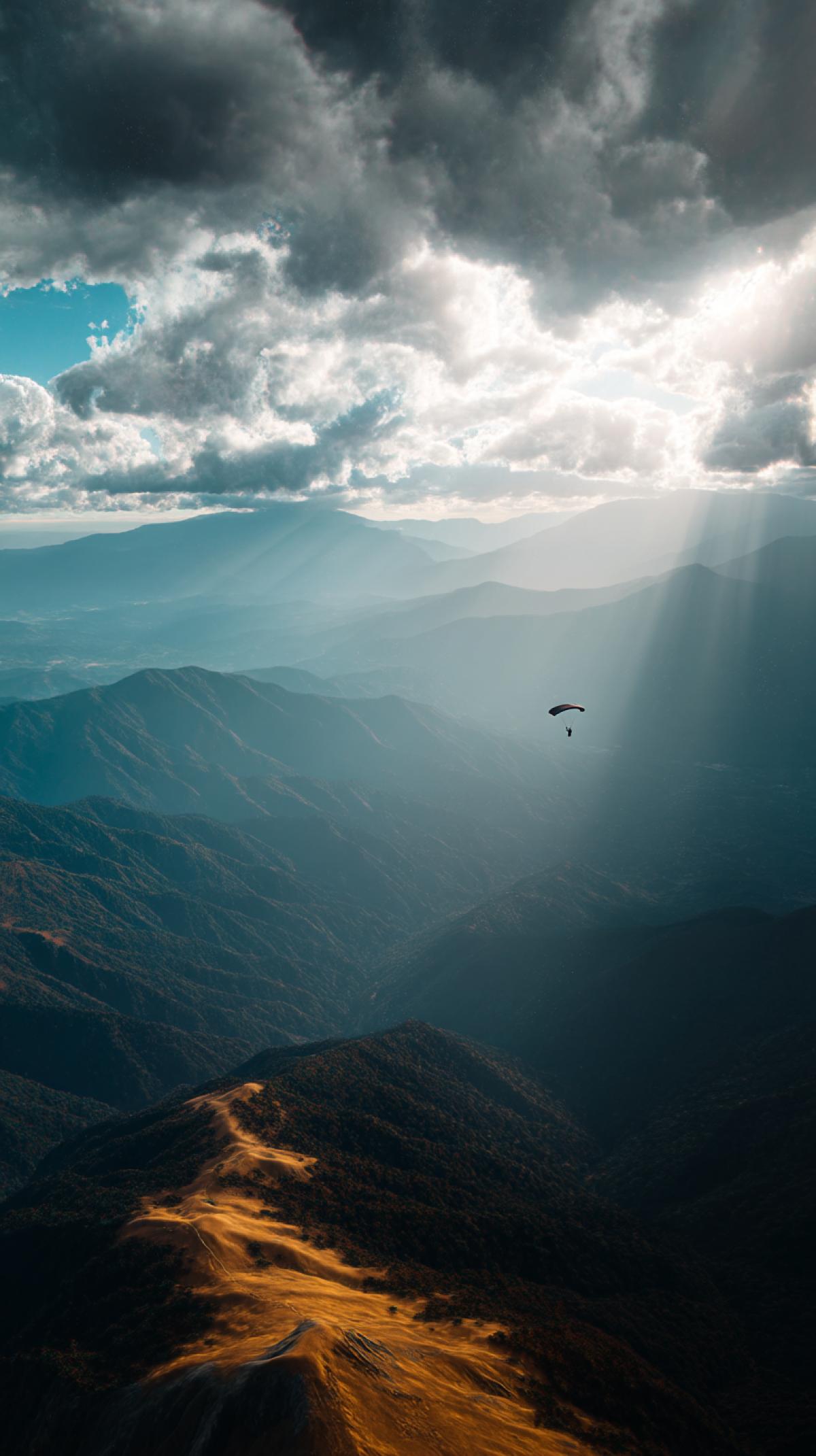 skydiving over mountains, majestic landscape, epic scale, sun rays, sense of awe, cinematic lighting, 8k