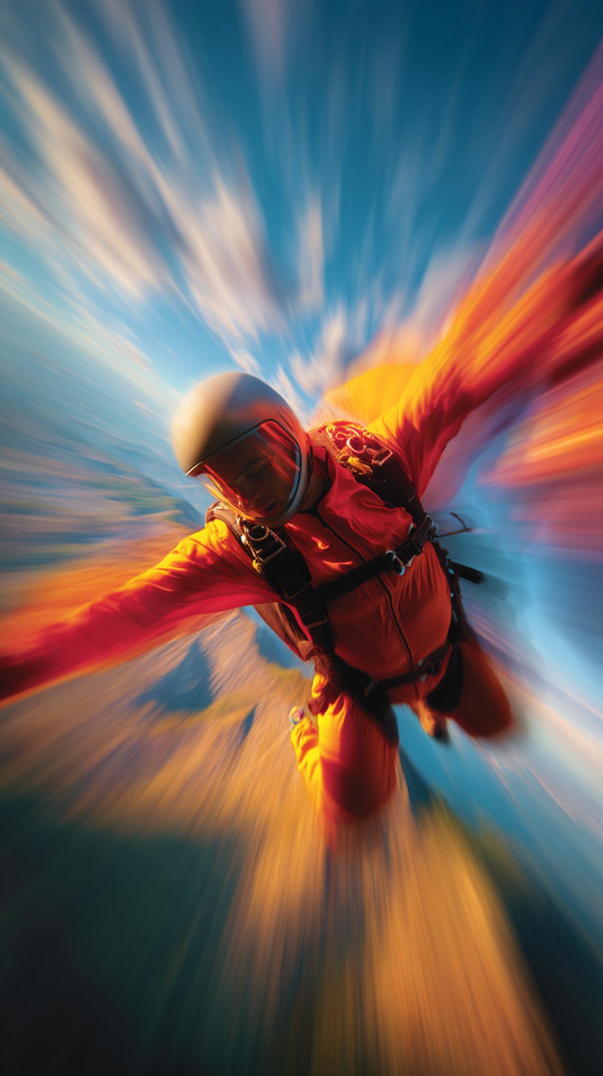 fast-paced skydiving shot, blur motion, intense colors, freedom, exhilaration, stunning scenery