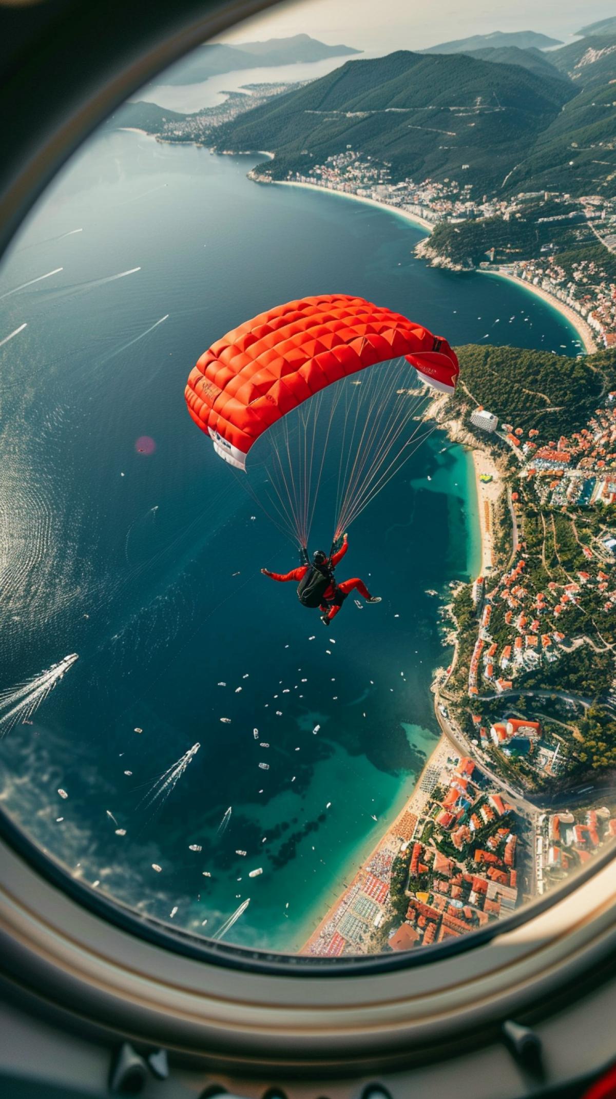 View of the parachutist planning a parachute from the airplane window, a red parachute, the parachutist waves his hand and smiles, below the city and the beach, a beautiful view
