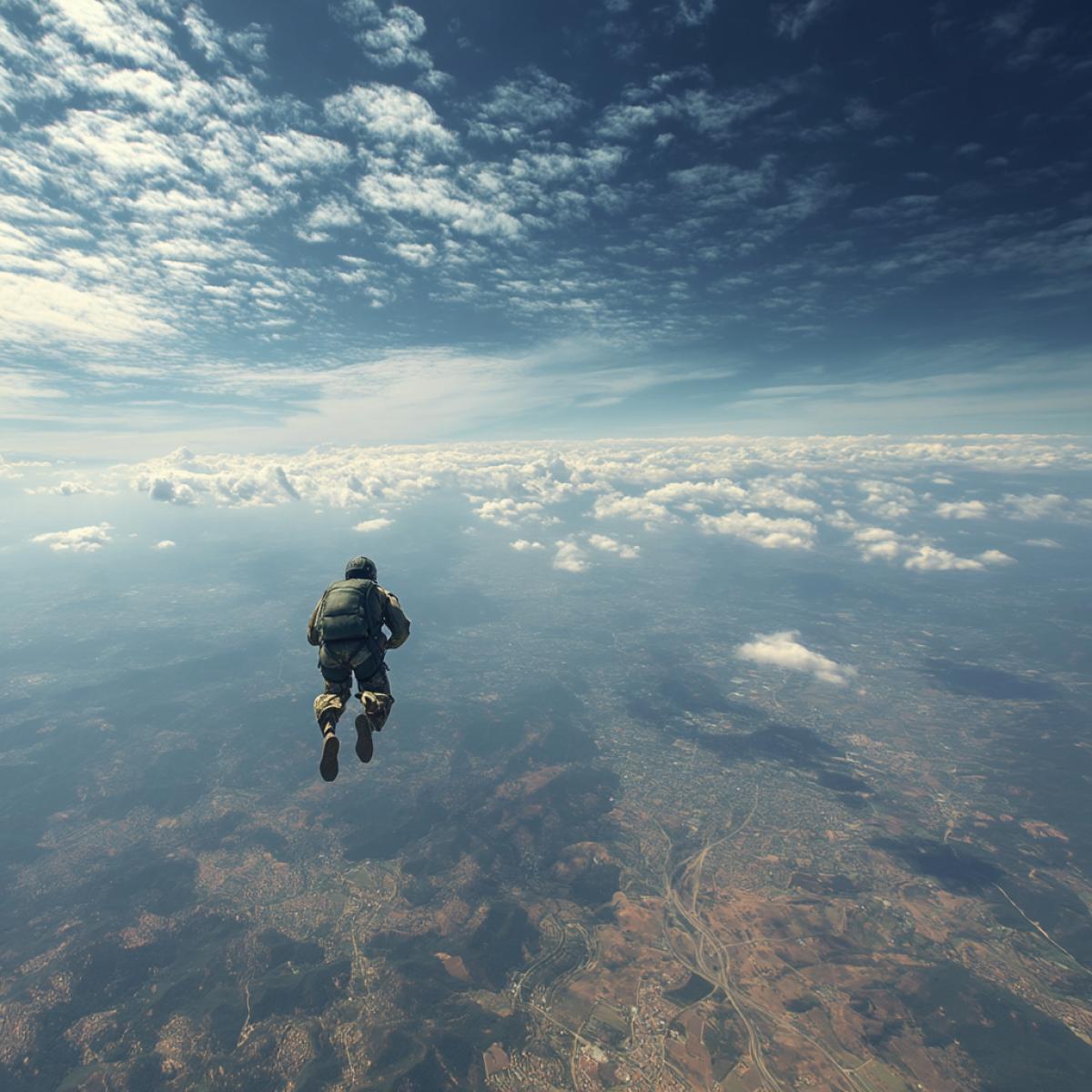 A paratrooper in a free fall. Beauty of flight, landscapes. Clouds