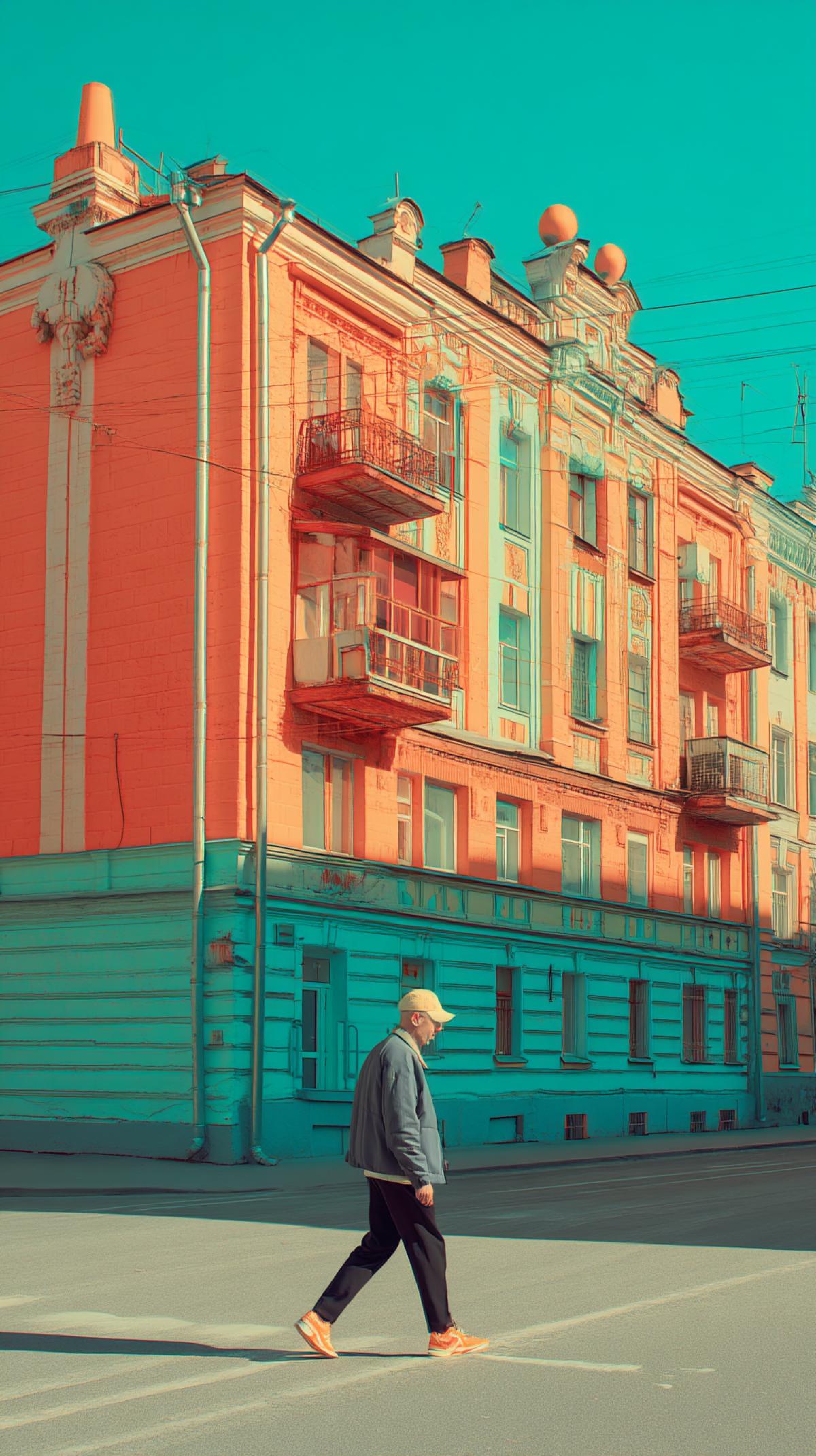 Create Russia of the 90s, an image conveying the spirit of those changeable years, the old streets of those years, Soviet architecture, people in fashionable clothes of that time and a characteristic palette-slightly faded, but bright colors.
