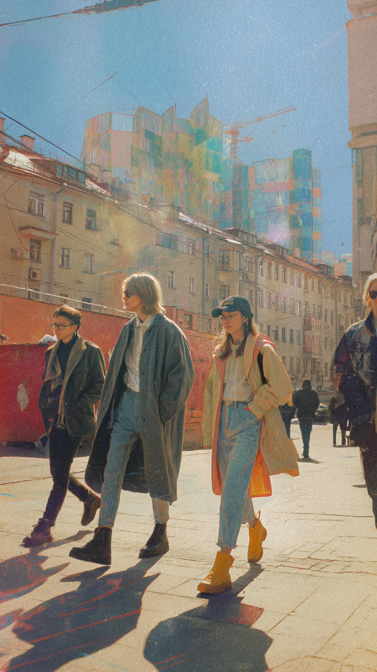 Create Russia of the 90s, an image conveying the spirit of those changeable years, the old streets of those years, Soviet architecture, close-up people, in the foreground in fashionable clothes of that time and a characteristic palette-slightly faded, but bright colors.