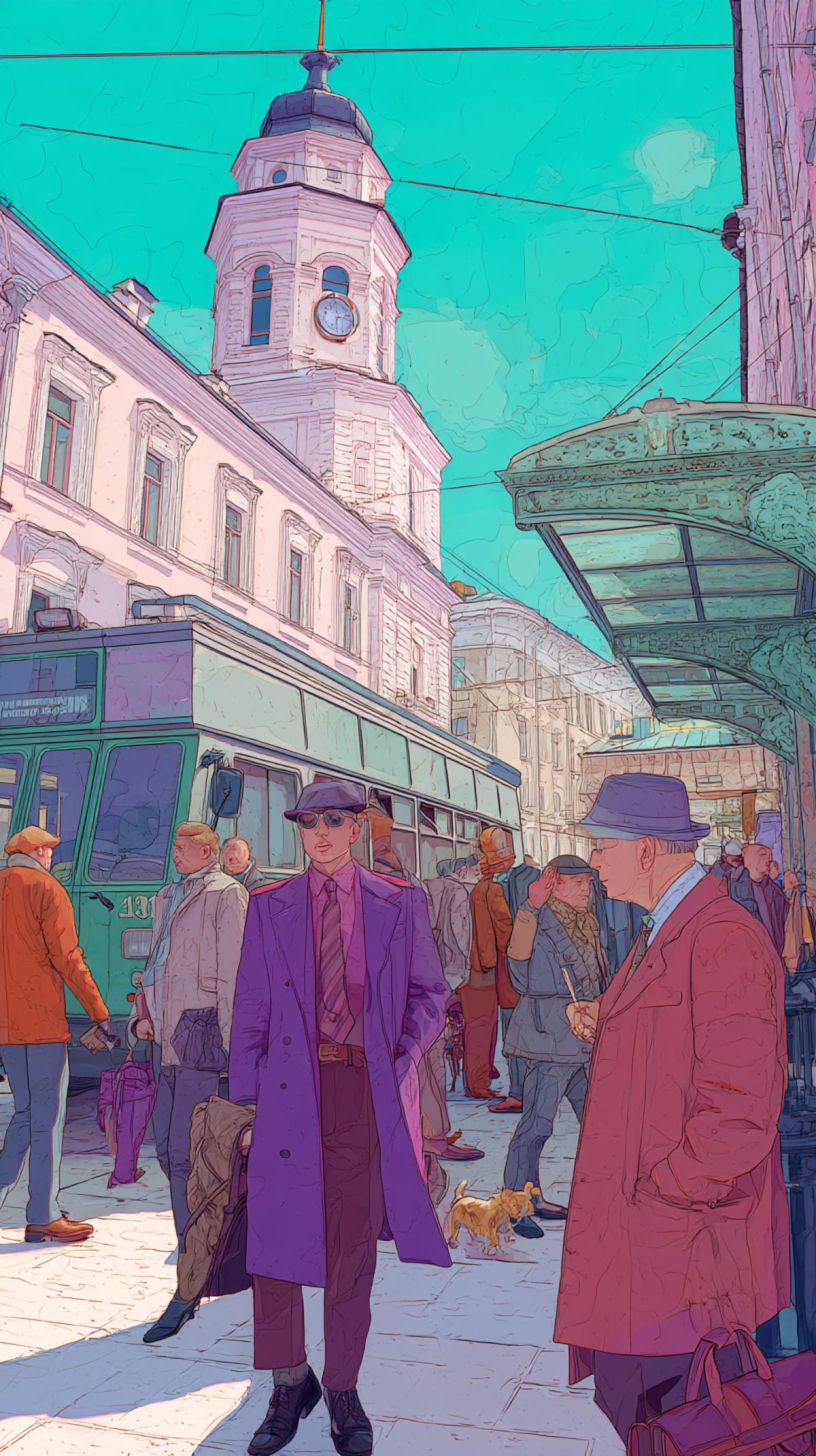 Create Russia of the 90s, an image conveying the spirit of those changeable years, the old streets of those years, Soviet architecture, close-up people, in the foreground in fashionable clothes of that time and a characteristic palette-slightly faded, but bright colors.