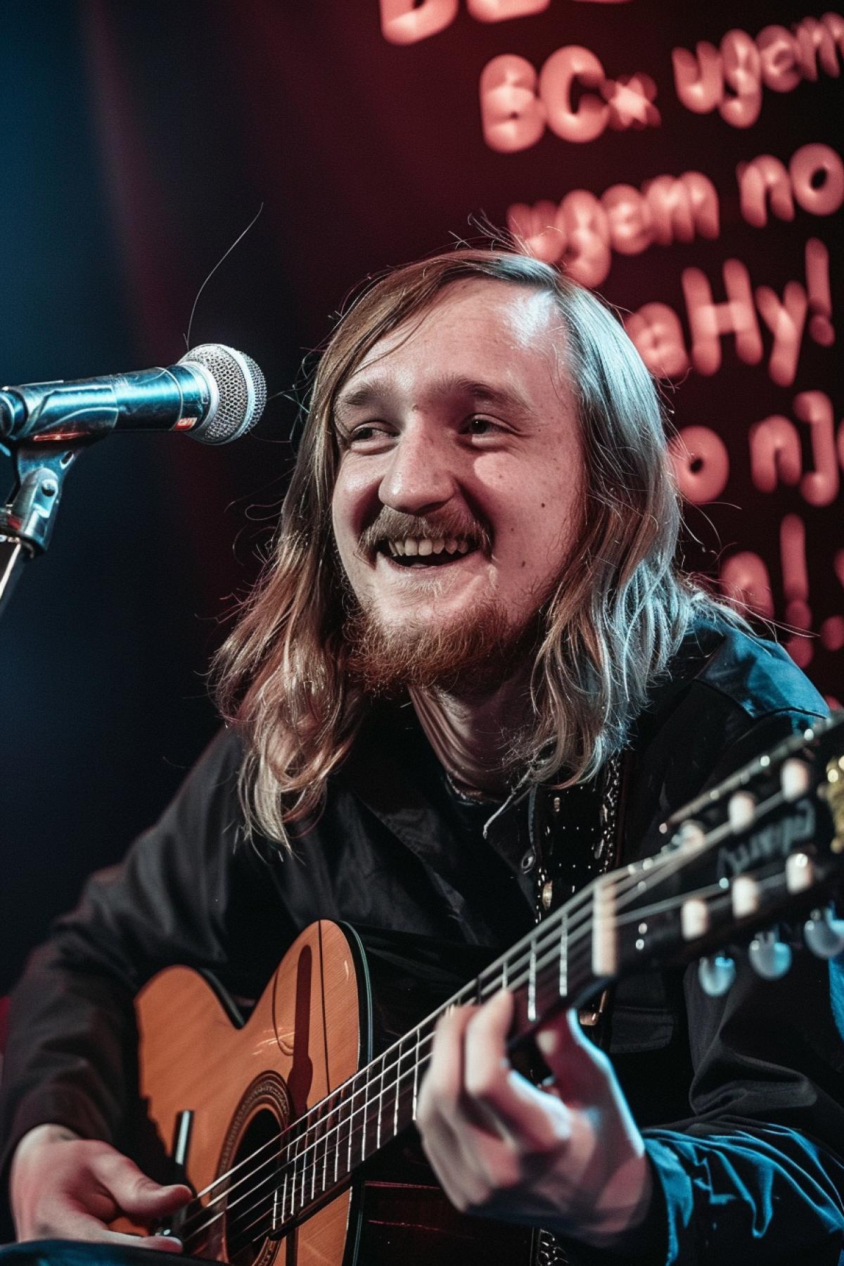 Rock musician long hair short beard smiling sitting playing guitar and singing on stage on the background of big inscription on backstagecurtain \"Bcë ugem\" \"no nJIaHy!\"