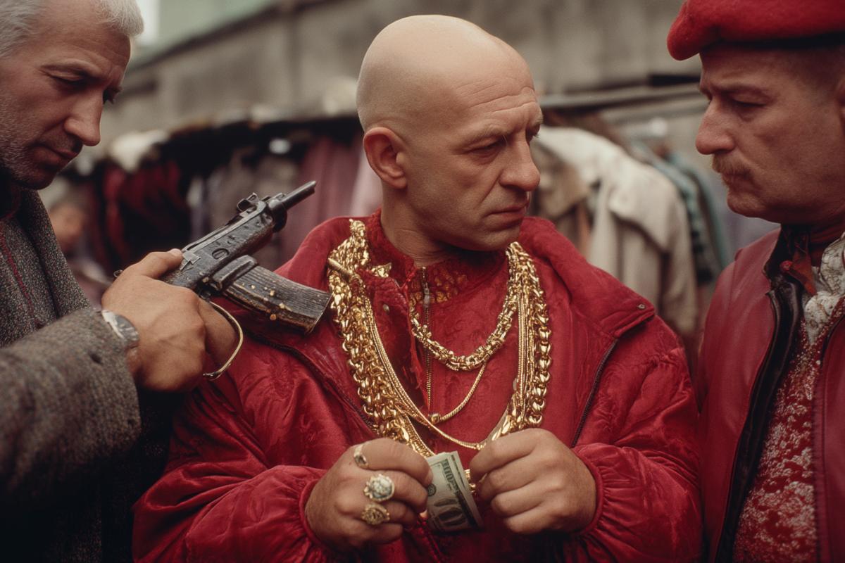 Retire in a red jacket gold chain on the neck and a large ring, bald, with a gun collects money from merchants in the market, Russia 90s