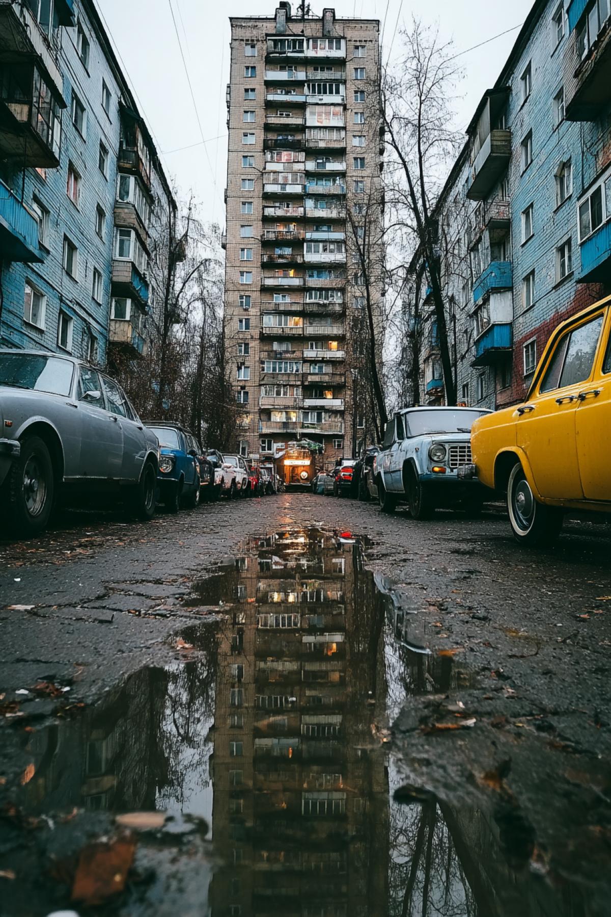 The image represents an old Soviet Khrushchevka building. The building has many windows and balconies, all covered with blue and white tiles. The tiles are arranged in a grid pattern, creating a mosaic effect. In the center of the image is the reflection of the building in a puddle of water. In front of the reflection are several Soviet cars parked in the parking lot. The cars are of different models and colors. In the center of the puddle is a truck zil-130 you can see its reflection in the puddle. Apparently, the photo was taken from a low angle, overlooking the building.