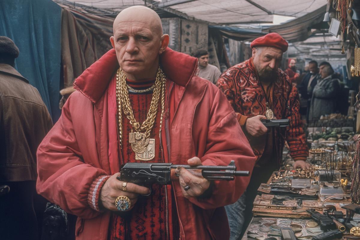 Retire in a red jacket gold chain on the neck and a large ring, bald, with a gun collects money from merchants in the market, Russia 90s