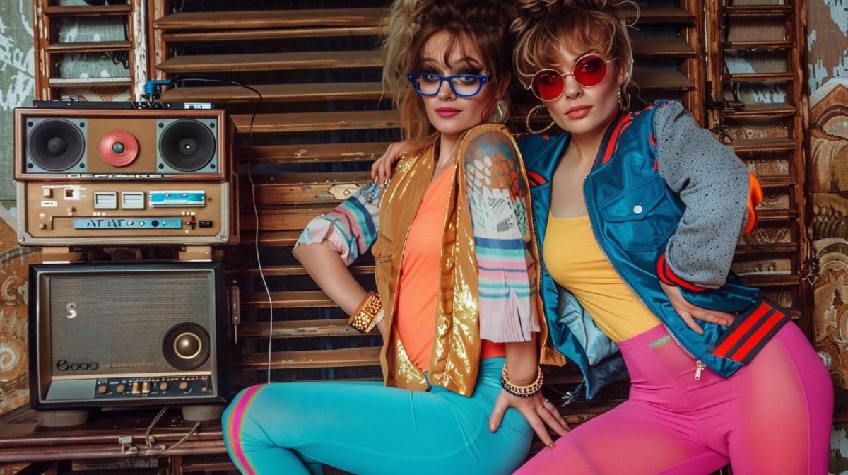Photos of women Russia 1990, in leggings, glasses, with a retro tape recorder, bright clothes