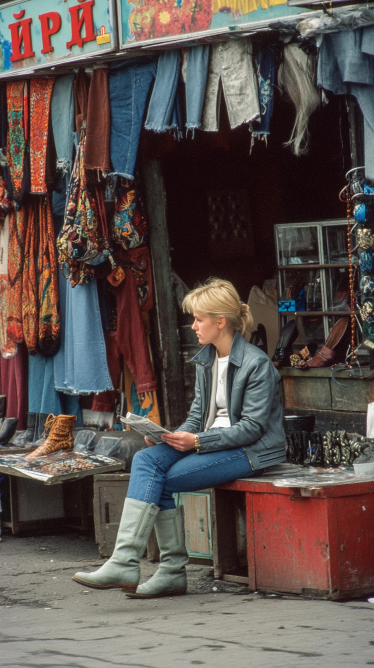 Photo of a blonde selling in the open market in the early 90s Russia, sitting. Various jeans and jackets hang behind it. The woman reads the newspaper. The surrounding area includes other kiosks that sell objects, such as boots and necklaces. This scene reflects the city street fashion in that era. Taken using the Kodak Gold 400 movie.