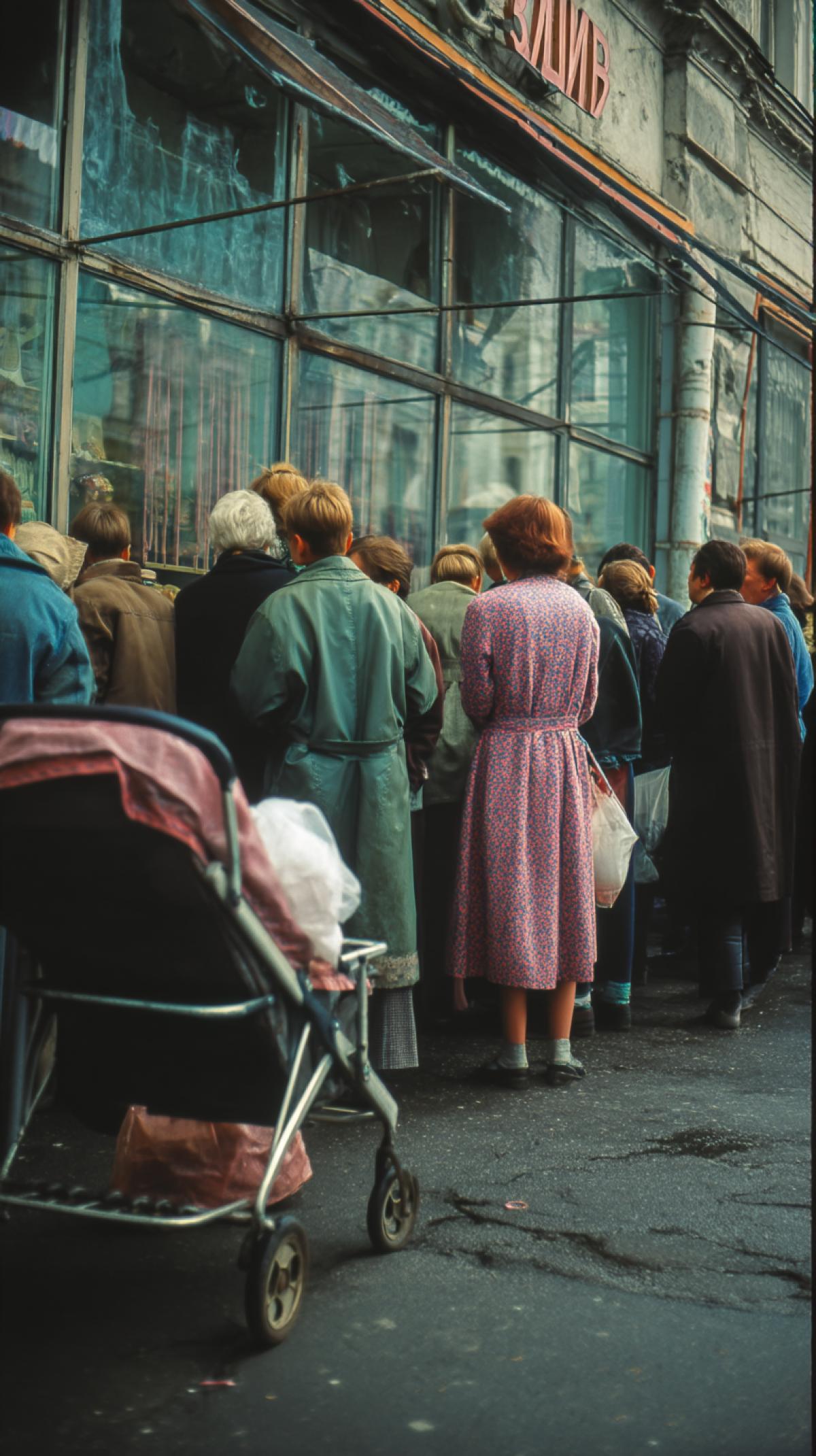 Color retro photo of the 90s. Long queue to the store. People are dressed in the style of the 90s. Russia. The nursery stroller stands aside. Girl. Glass shop window.