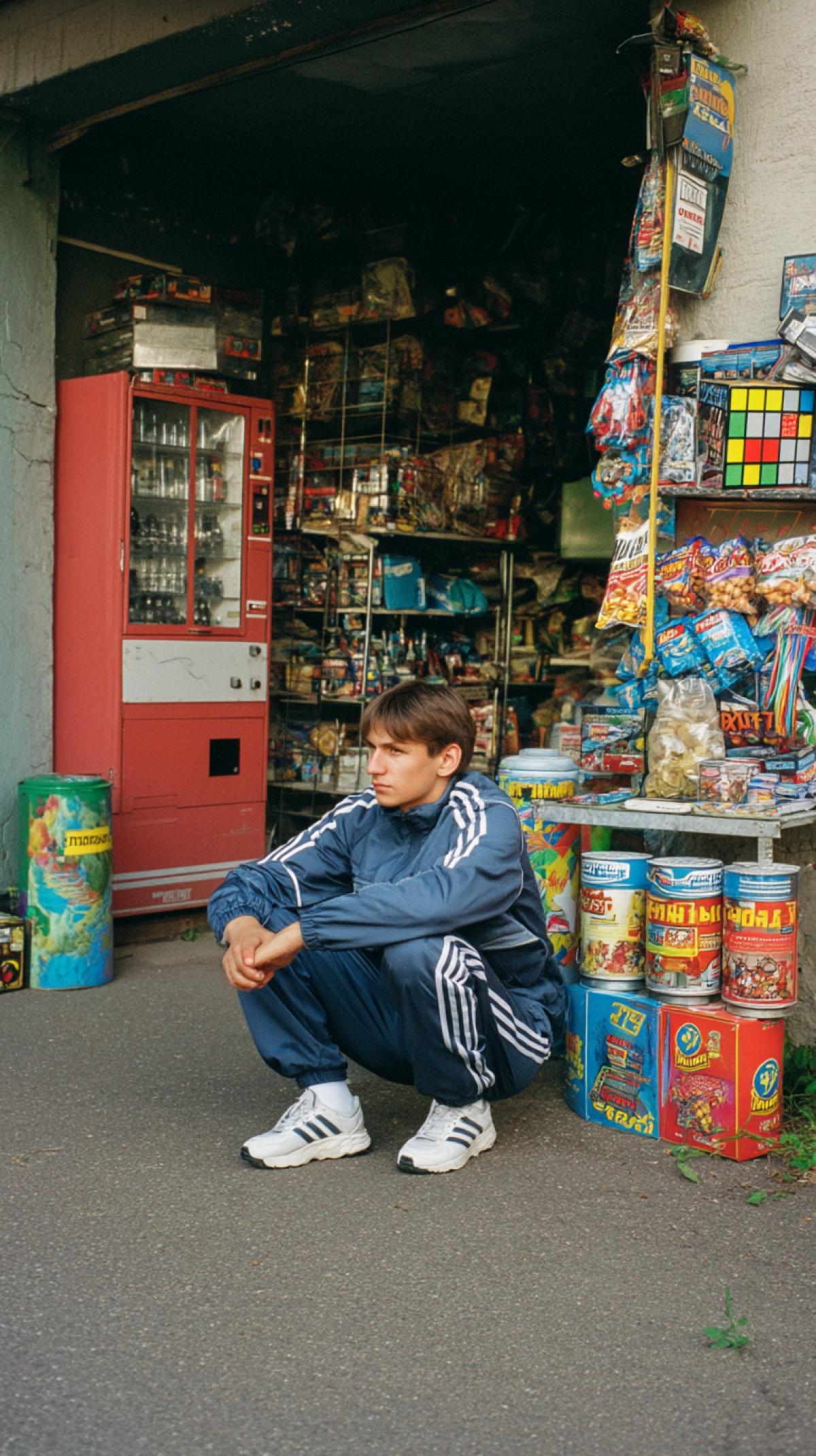 Attributes of the 90s Russia. Tetris, Rubika Cube, Adidas tracksuit, sunflower seeds in a newspaper envelope, garages, musical cash desks