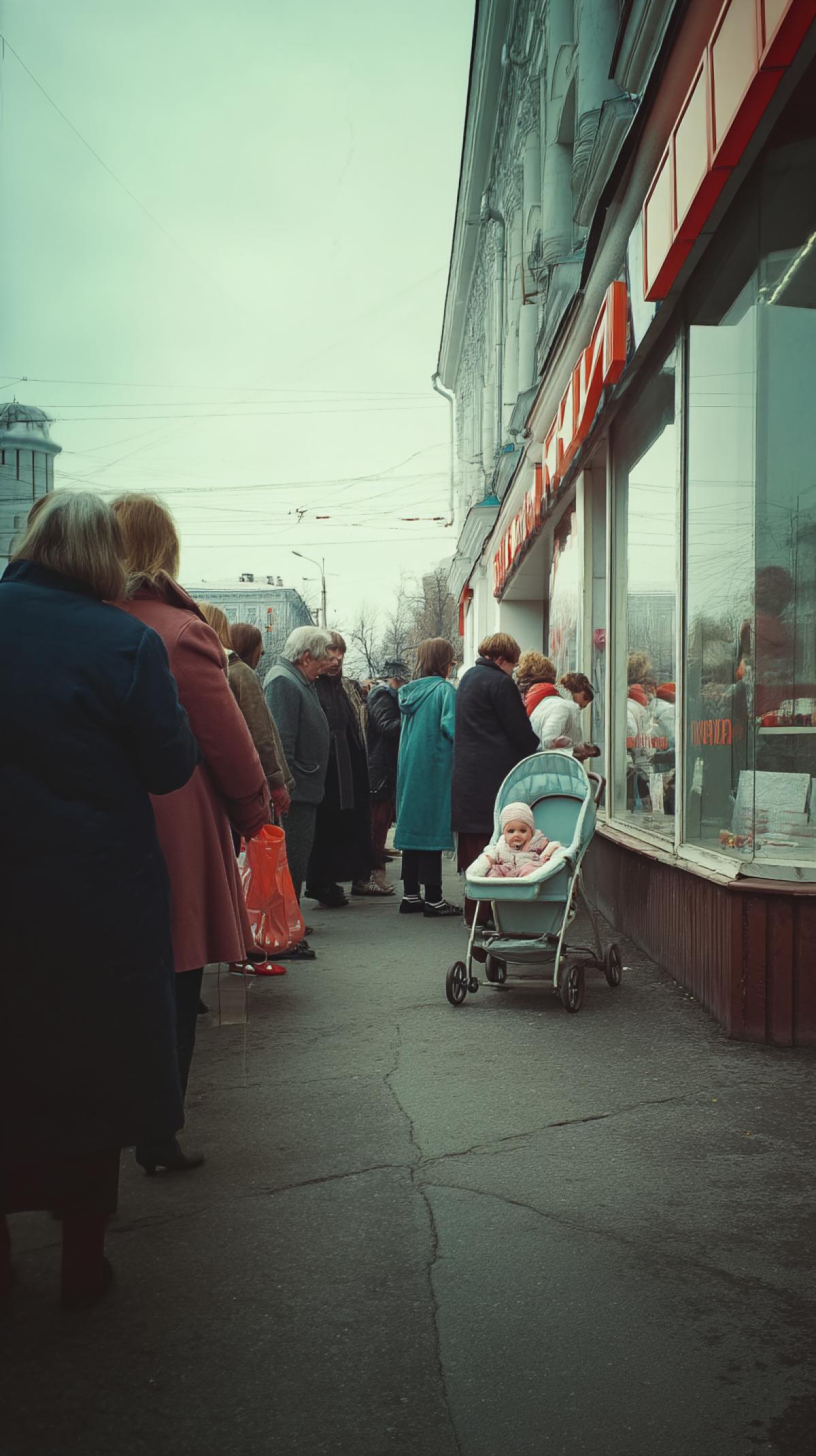Color retro photo of the 90s. Long queue to the store. People are dressed in the style of the 90s. Russia. The nursery stroller stands aside. Girl. Glass shop window.
