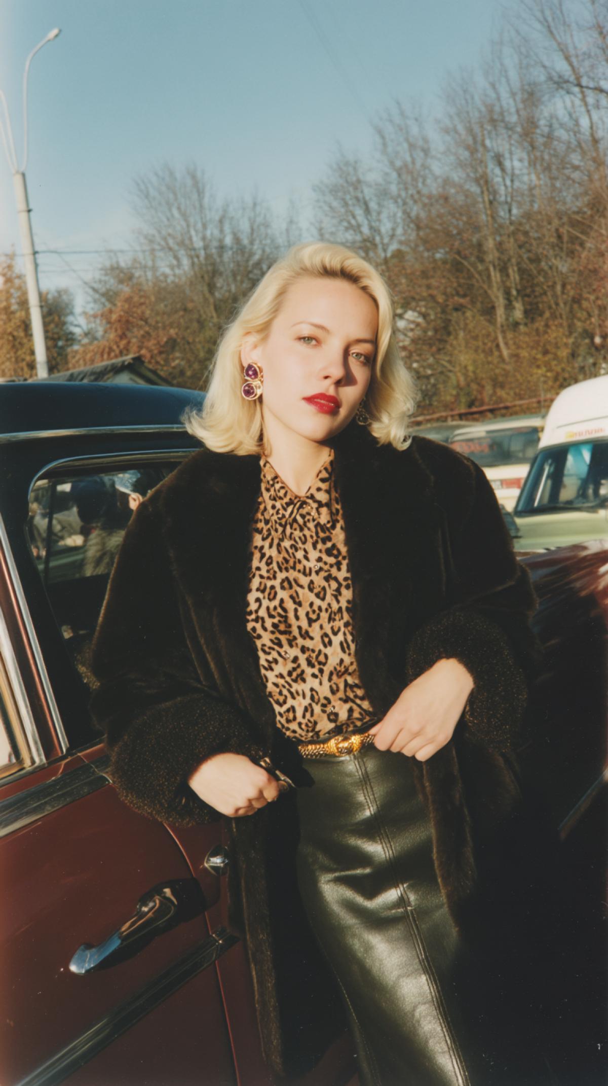 A photograph of an attractive woman of the 1990s, dressed in a dark mink coat with chubby sleeves and a gold belt around her waist. She is also dressed in a leather skirt and a leopard blouse. She 4ks for the camera, standing at the car of cherry color. She has blond hair, red lipstick, purple eye makeup and large earrings, in a vintage retro style. Russia of the 90s