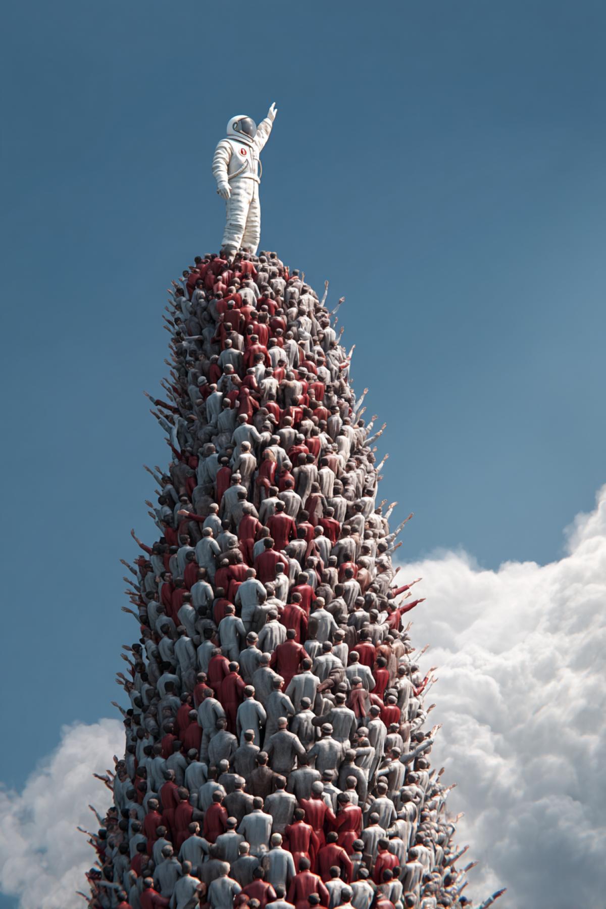 The Earth. The Soviet Union. Countless people of diverse nations stand united in a towering human pyramid, their hands raised high to support Yurii Gagarin in his spacesuit at the summit. So vast is this living monument that it rests upon the planet below, its pinnacle breaking through the bounds of the sky.