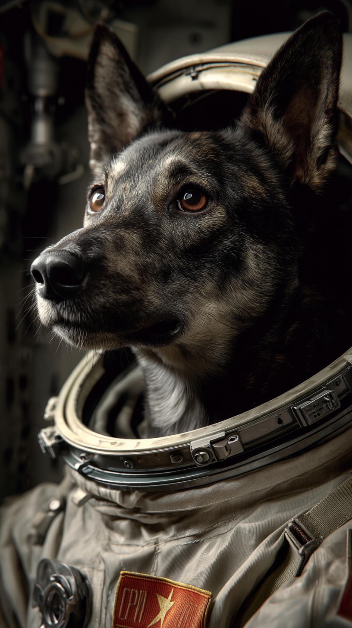 Laika the dog as a space commander, realistic photography, Russian space