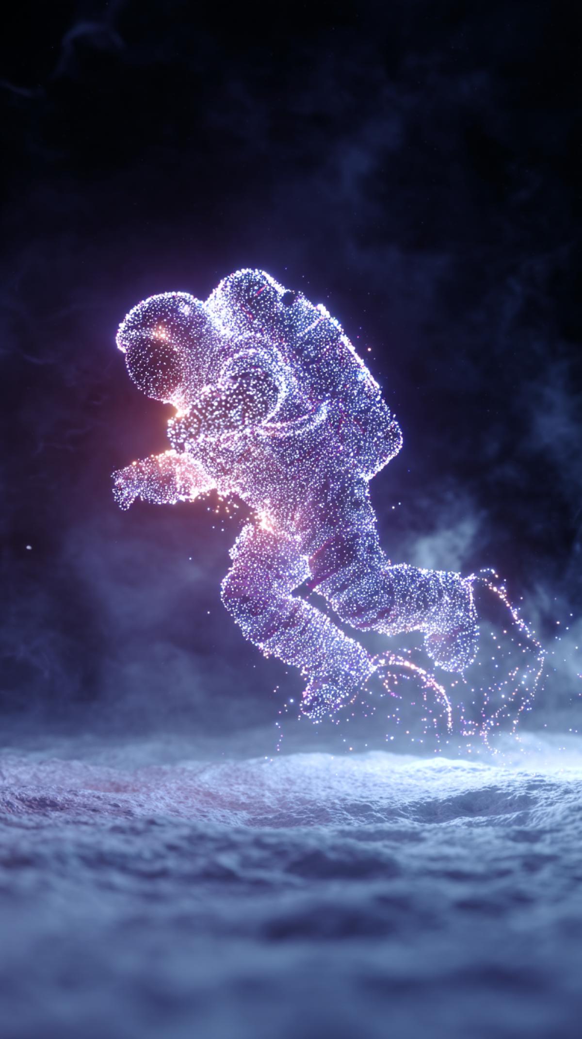 An astronaut made of glowing particles floats in space on a dark dark background. An astronaut is floating in the air. The ground is covered with snow, and fog swirls around. Chinese art in the minimalist style. The effect of glowing particles. dark background. Surrealism. Surround light. Blue and purple tones. Rendering in C4D format. High detail and high resolution