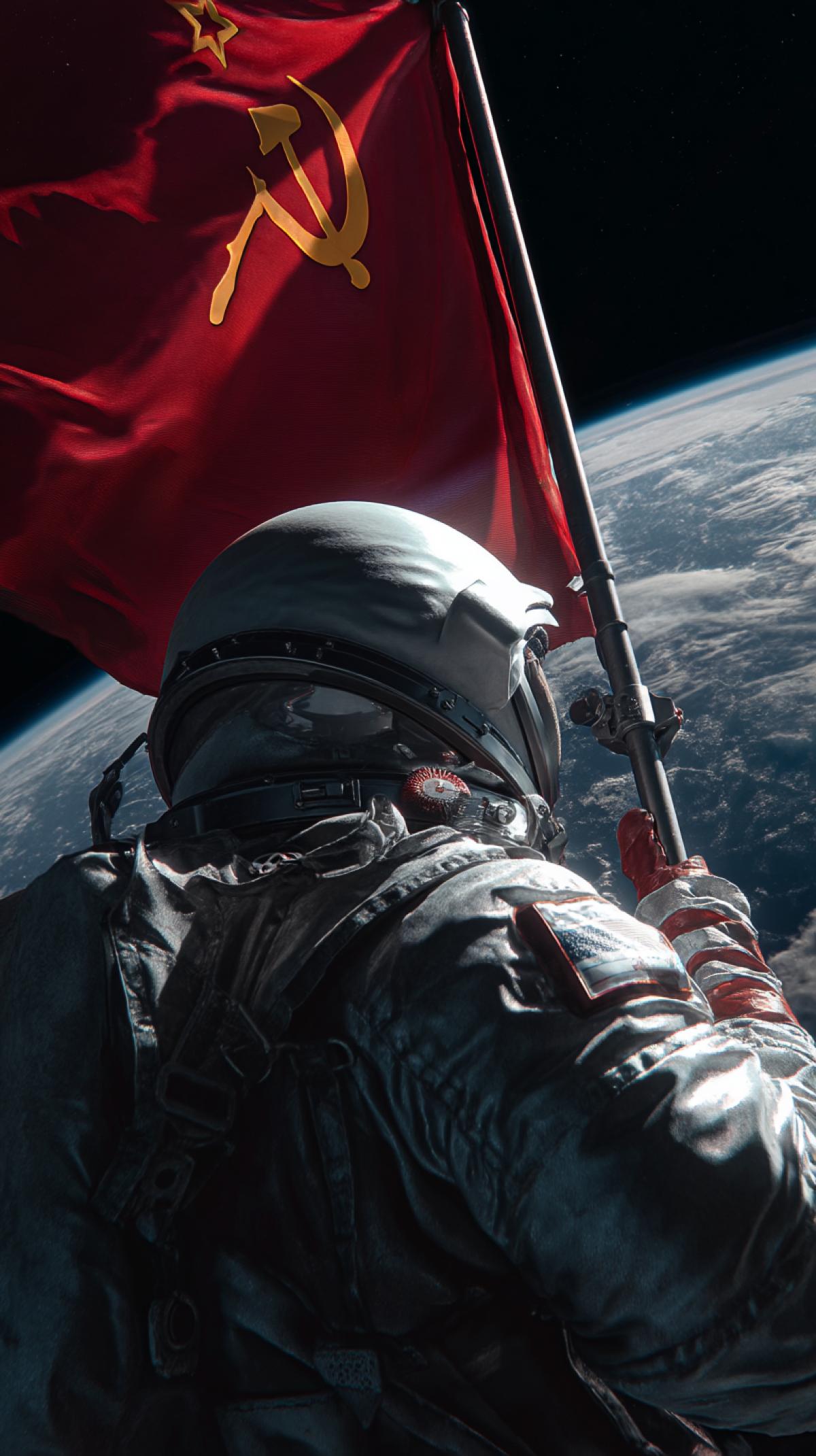 Cosmonautics Day, astronaut in space, Soviet flag, realistic, 8k