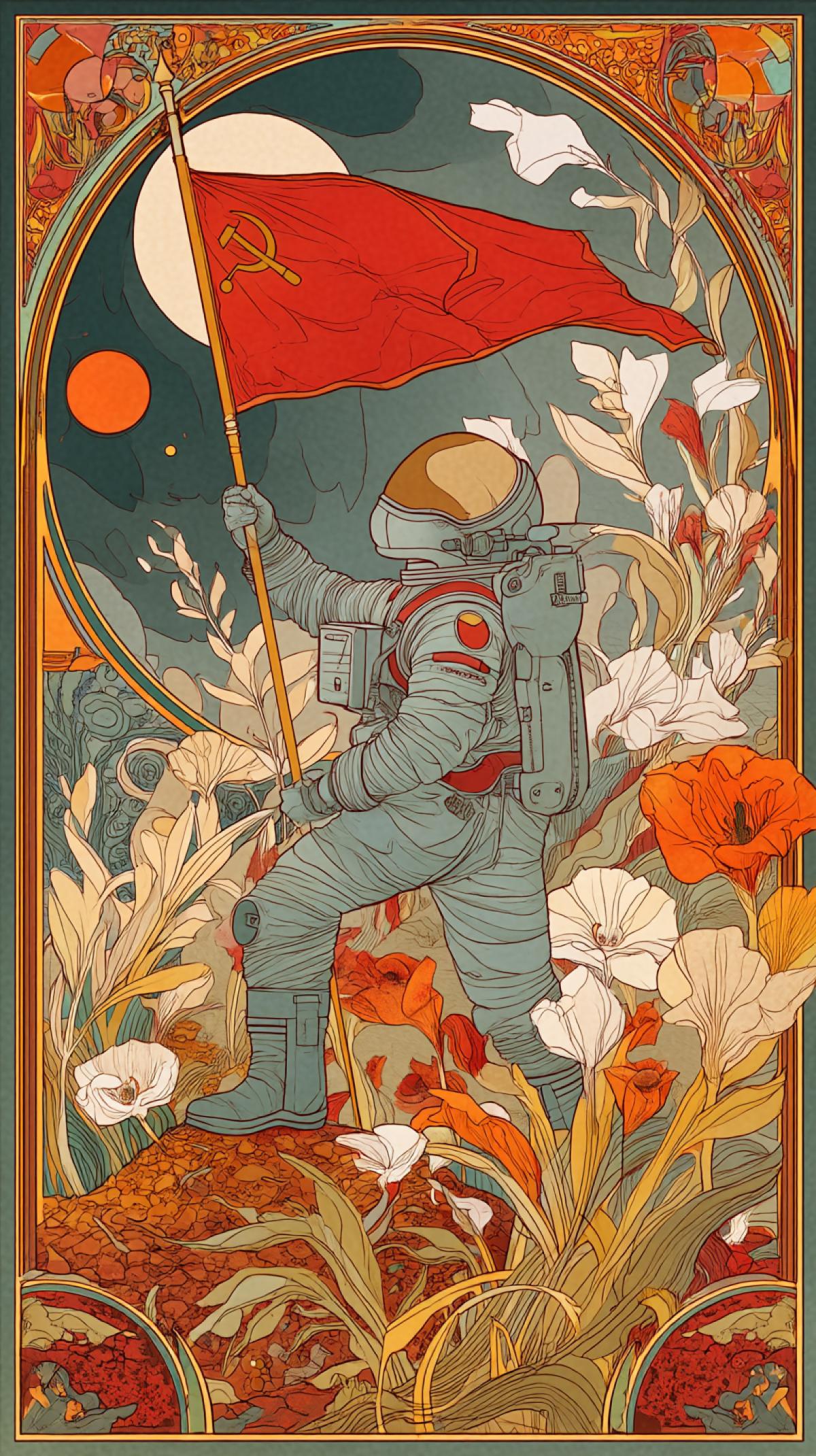 A stylized illustration of a cosmonaut planting a Soviet flag on Mars, art nouveau style, vibrant colors, intricate details