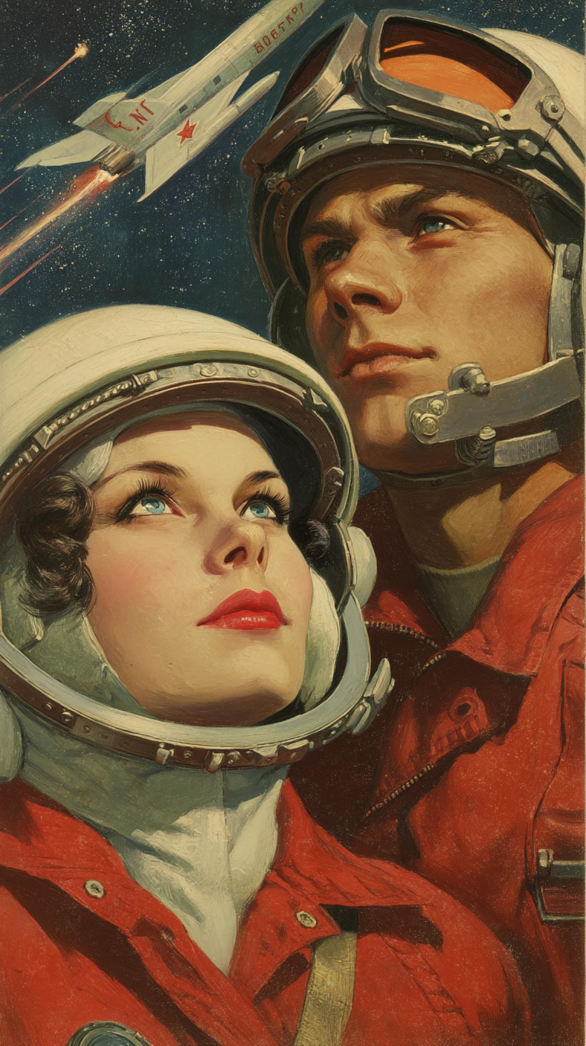 space travel, portrait of a woman and a man, Soviet poster style, propaganda, heroic, high resolution