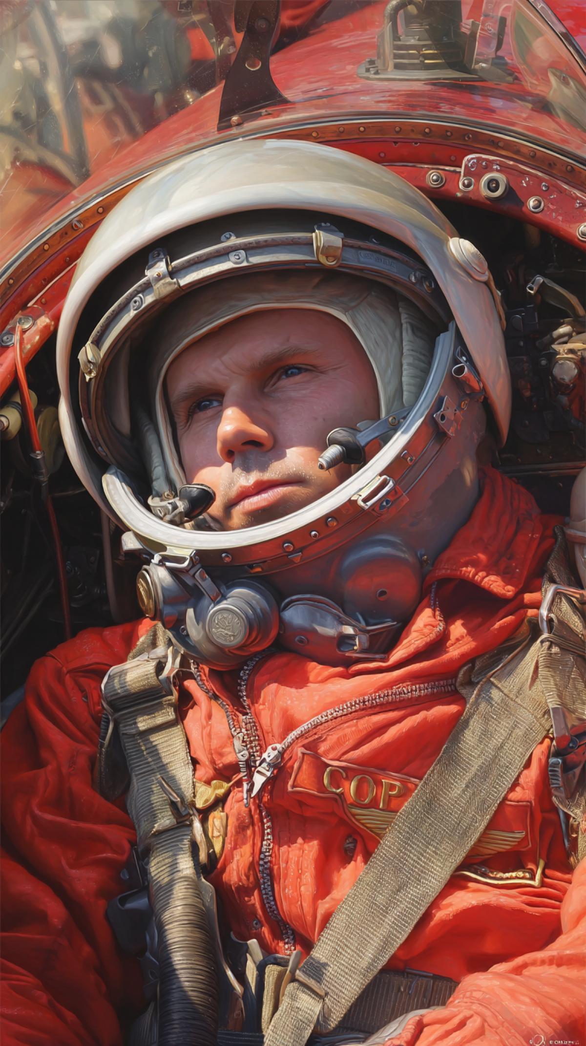 Yurii Gagarin in a rocket, heroic, Soviet era, photorealistic, high detail