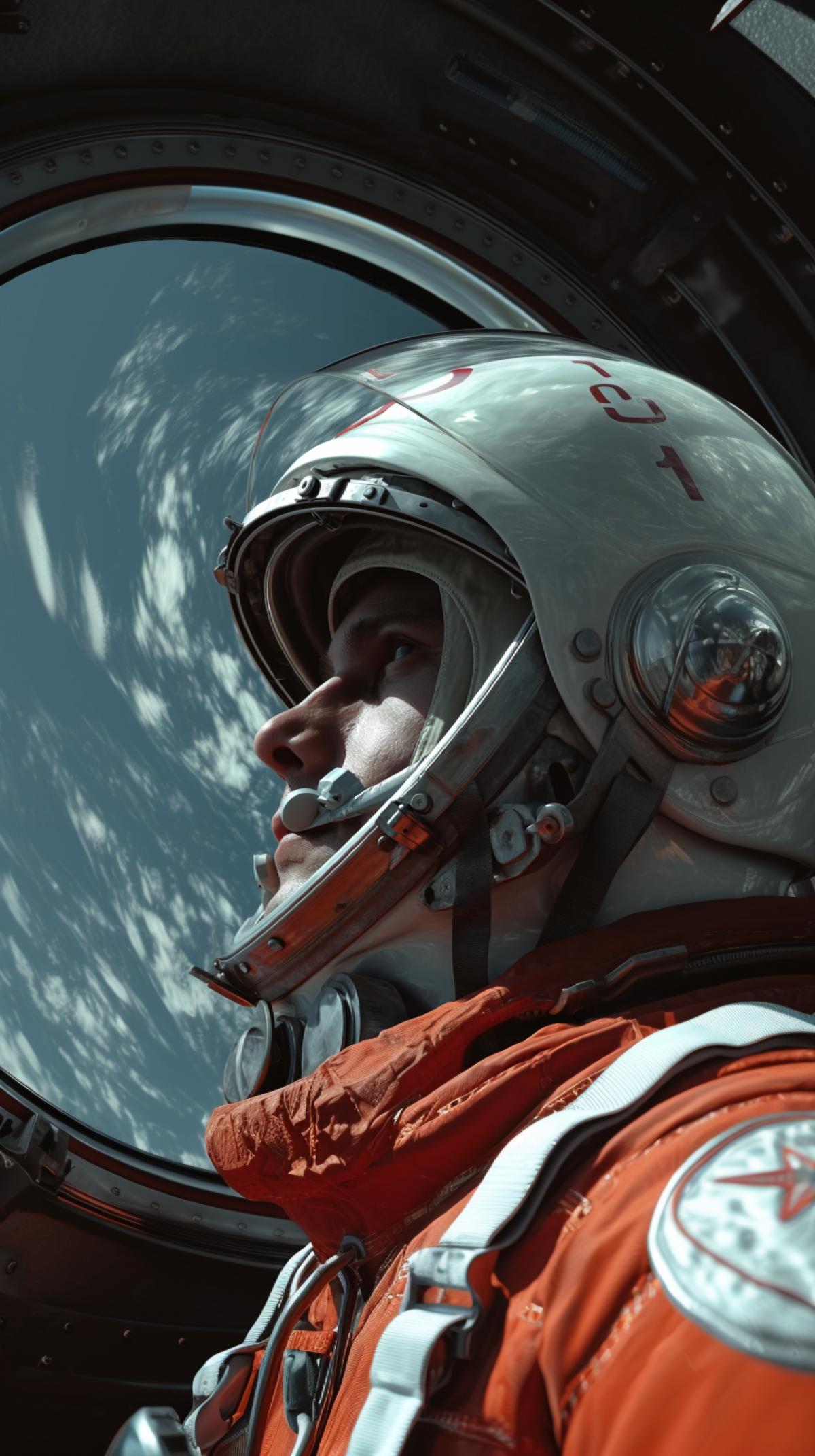 Yurii Gagarin in a rocket, heroic, Soviet era, photorealistic, high detail